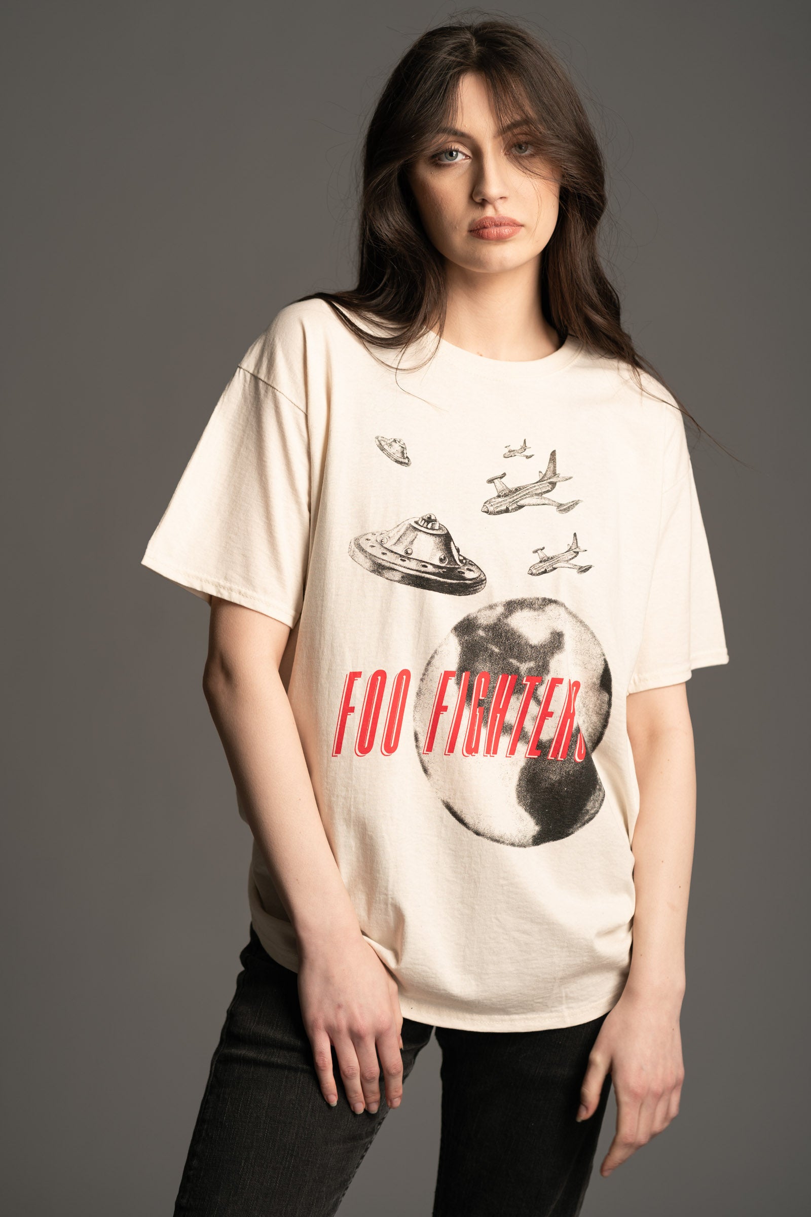 Foo Fighters UFO Band Tee front model view on cream base from Little Lies