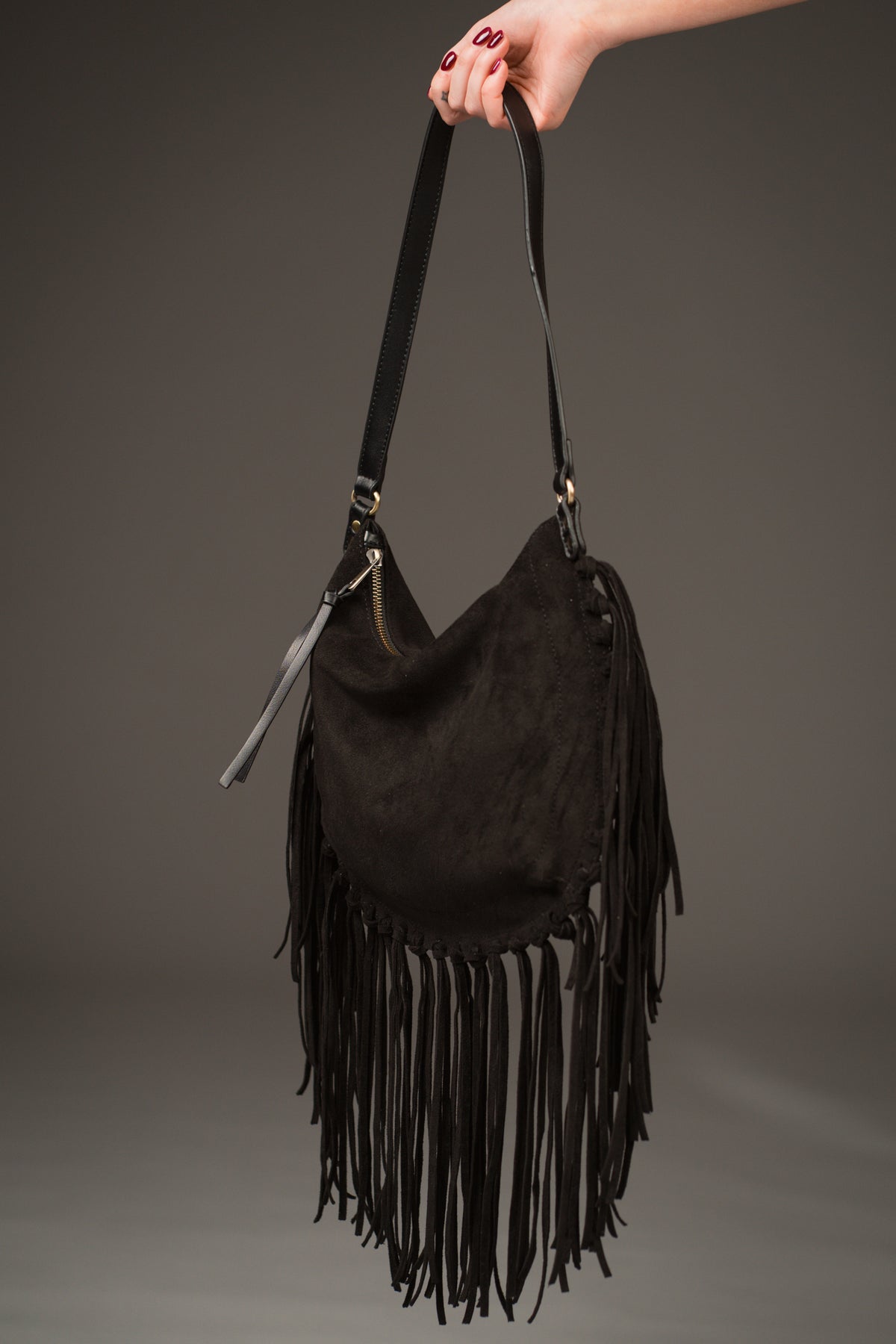 Este Black Fringed Faux Suede Bag