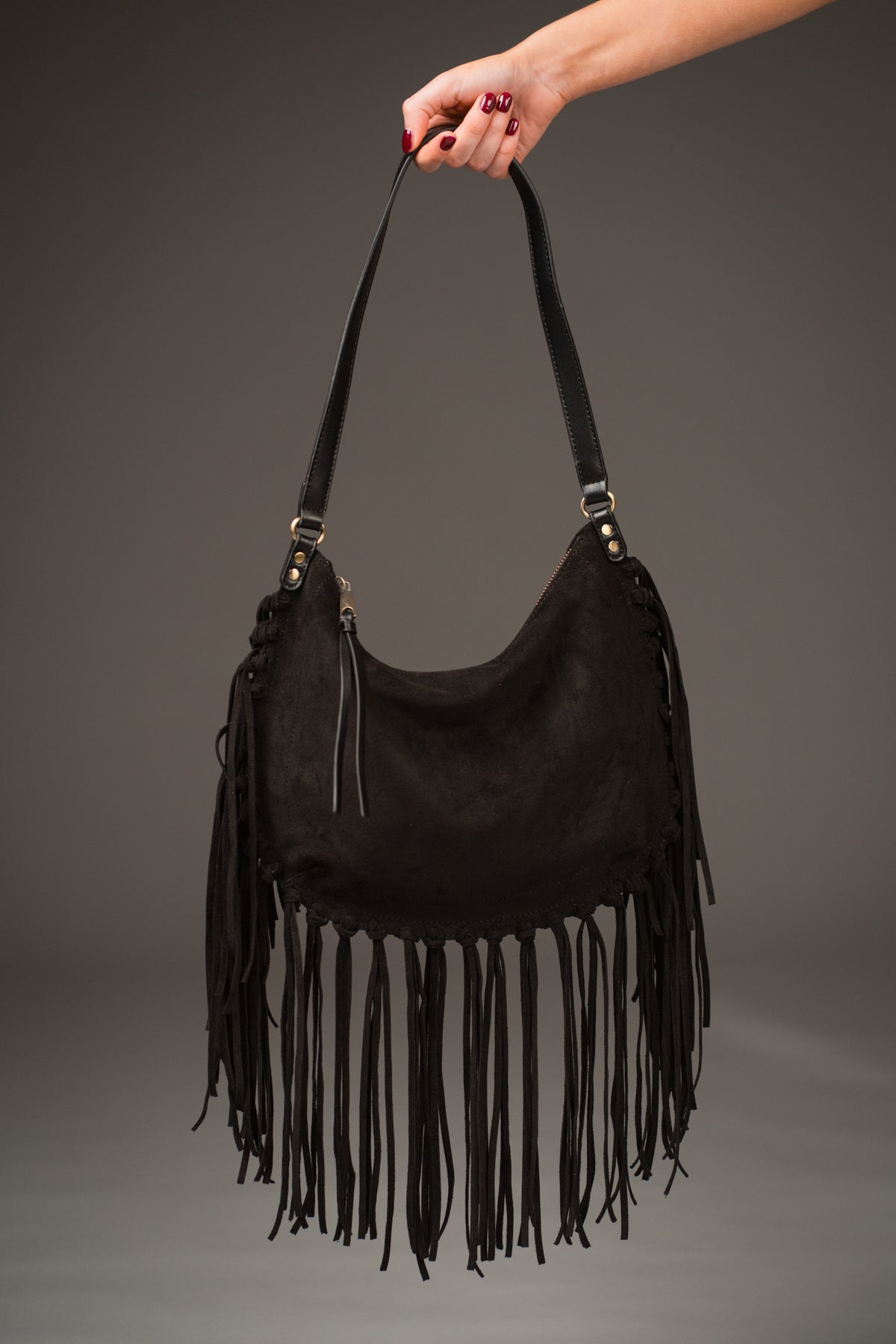 Este Black Fringed Faux Suede Bag