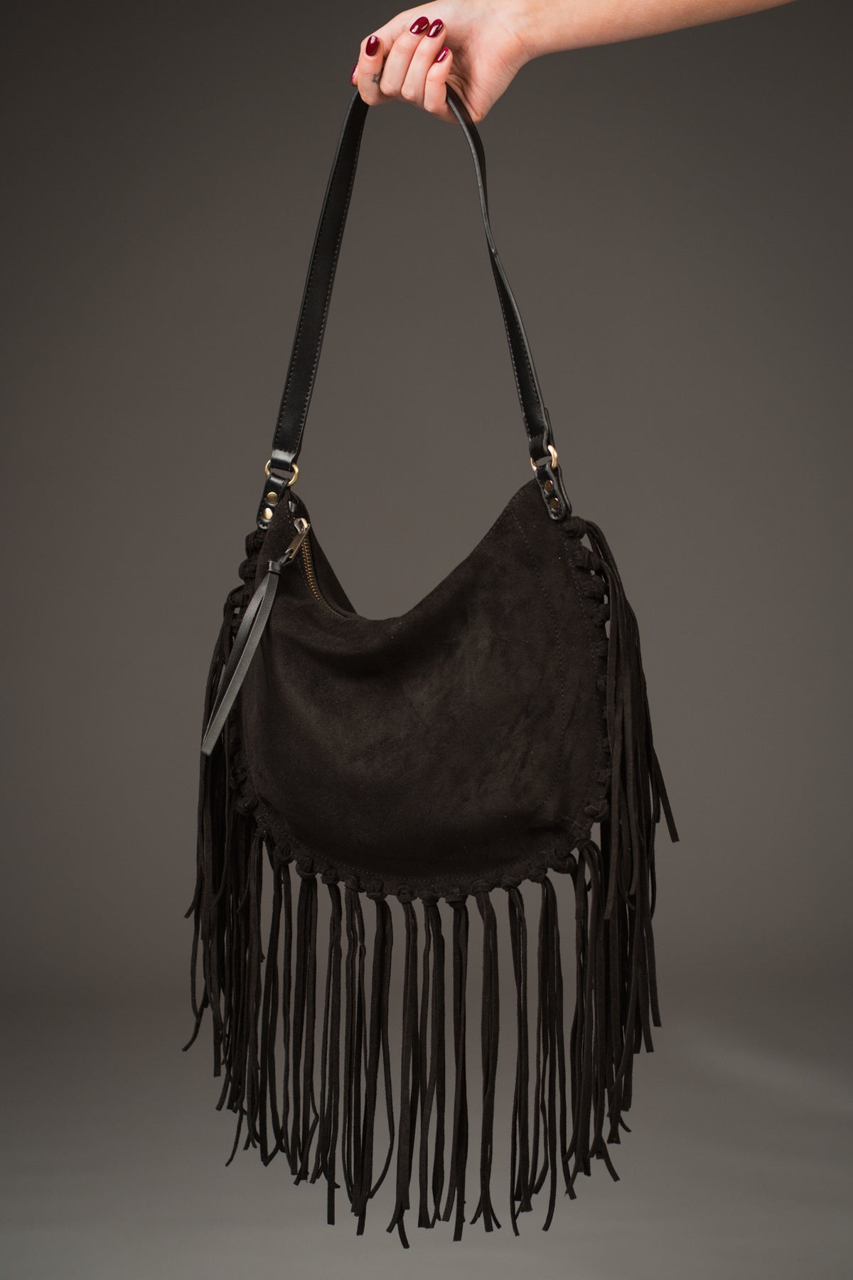 Este Black Fringed Faux Suede Bag
