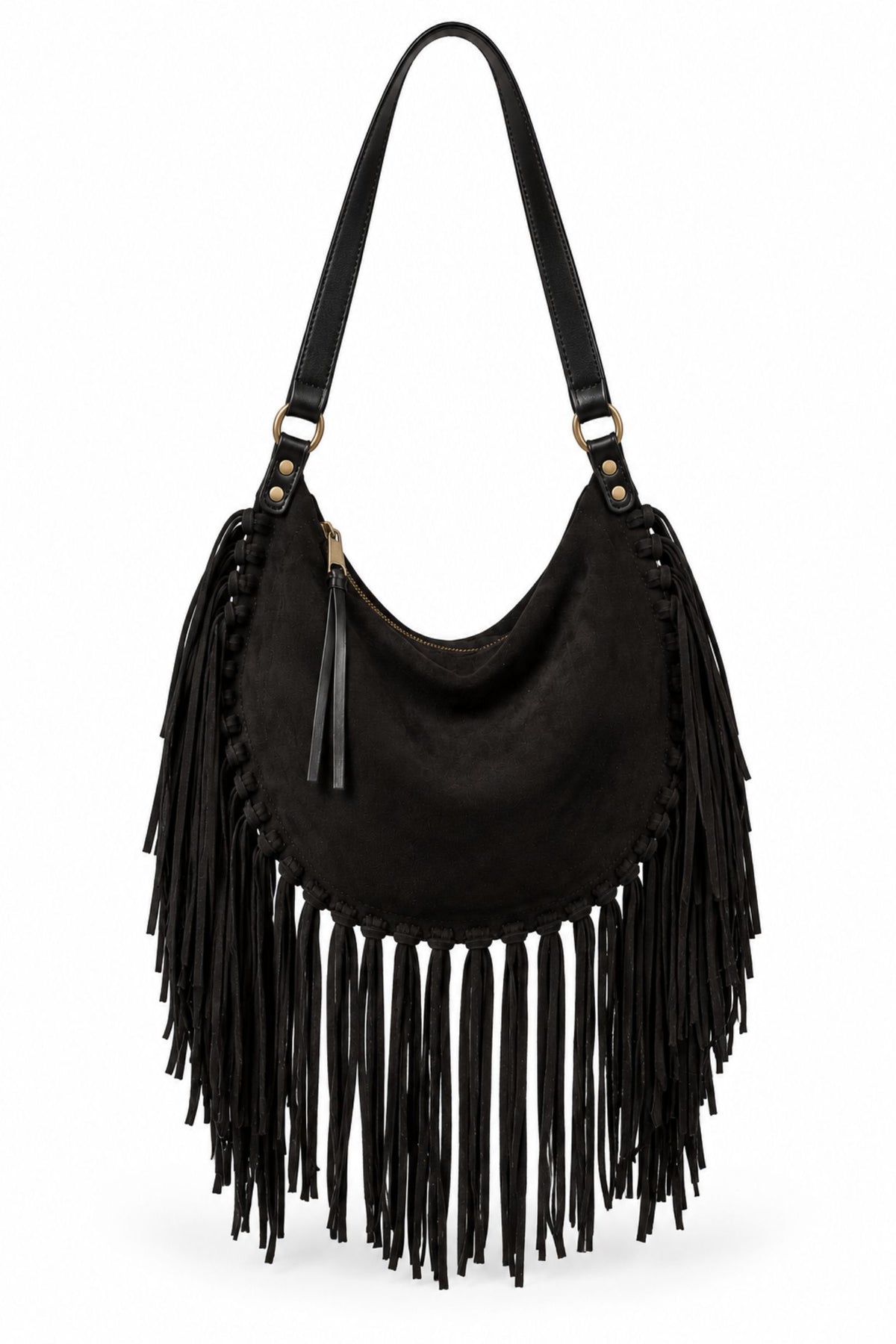 Este Black Fringed Faux Suede Bag