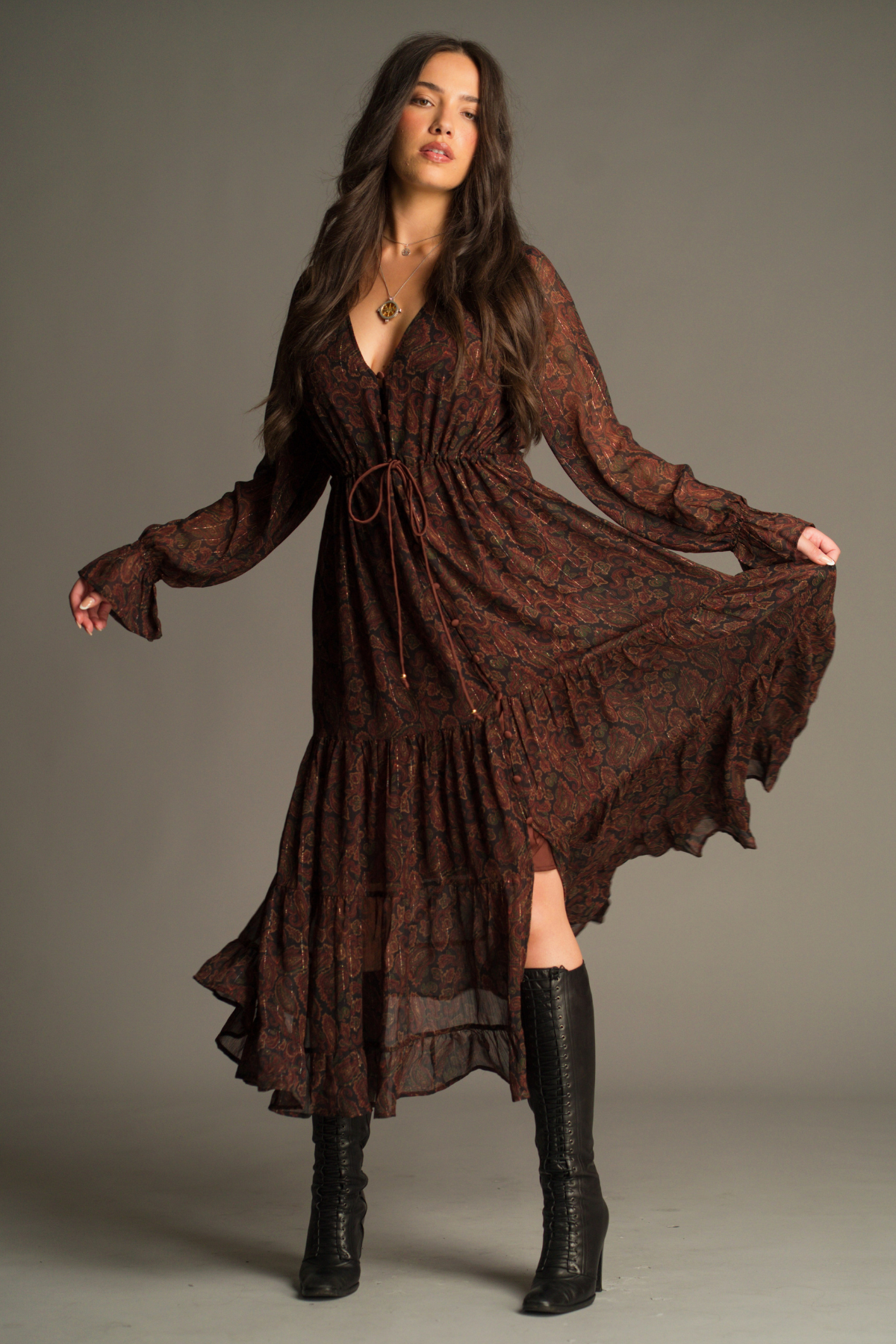 Dark Paradise Paisley Maxi Dress by Little Lies featuring a vintage-inspired paisley print, adjustable drawstring waist and flowing bohemian silhouette