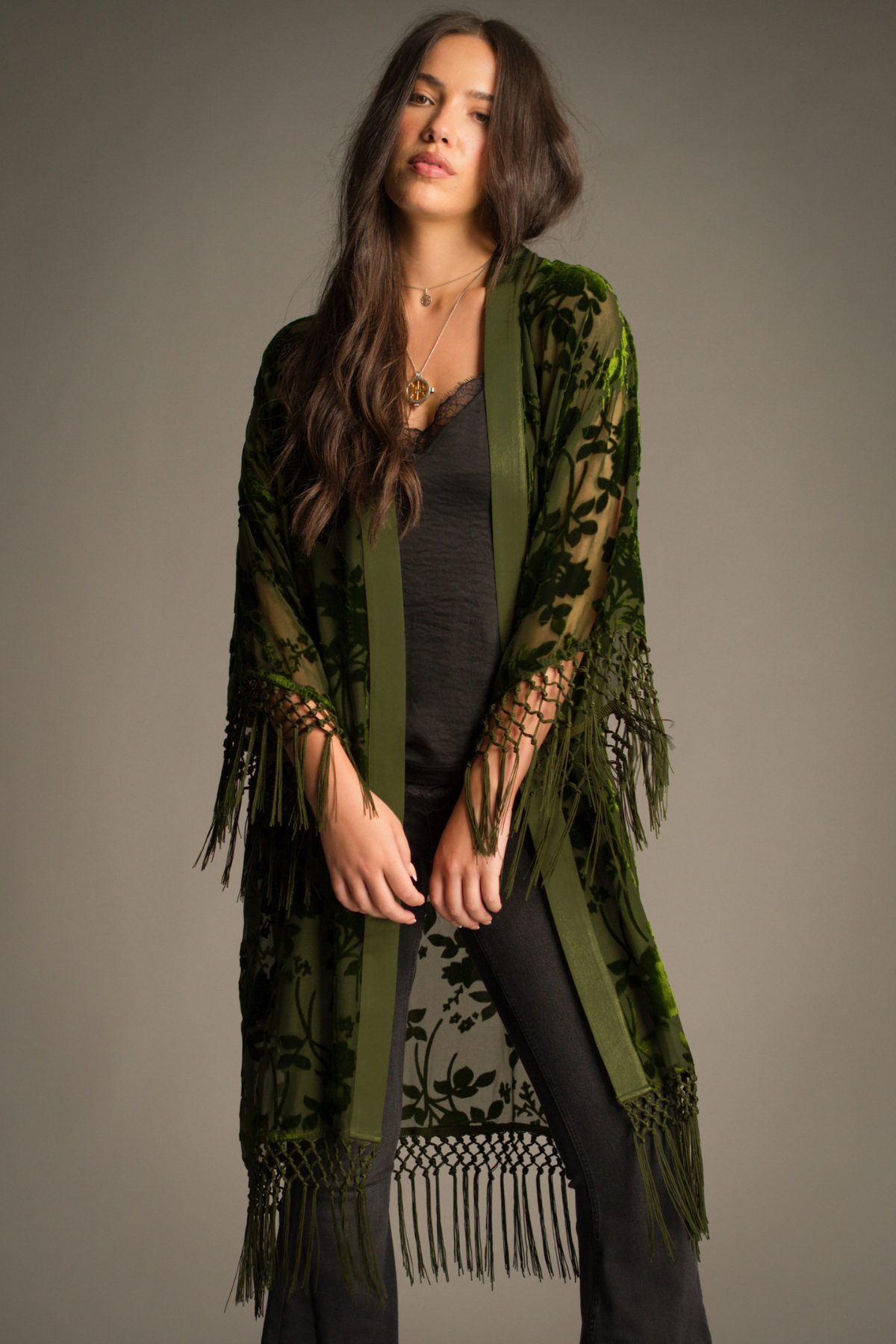 Little Lies Dakota olive devore kimono with sheer floral velvet detailing and tassel trim – lightweight relaxed fit layering piece