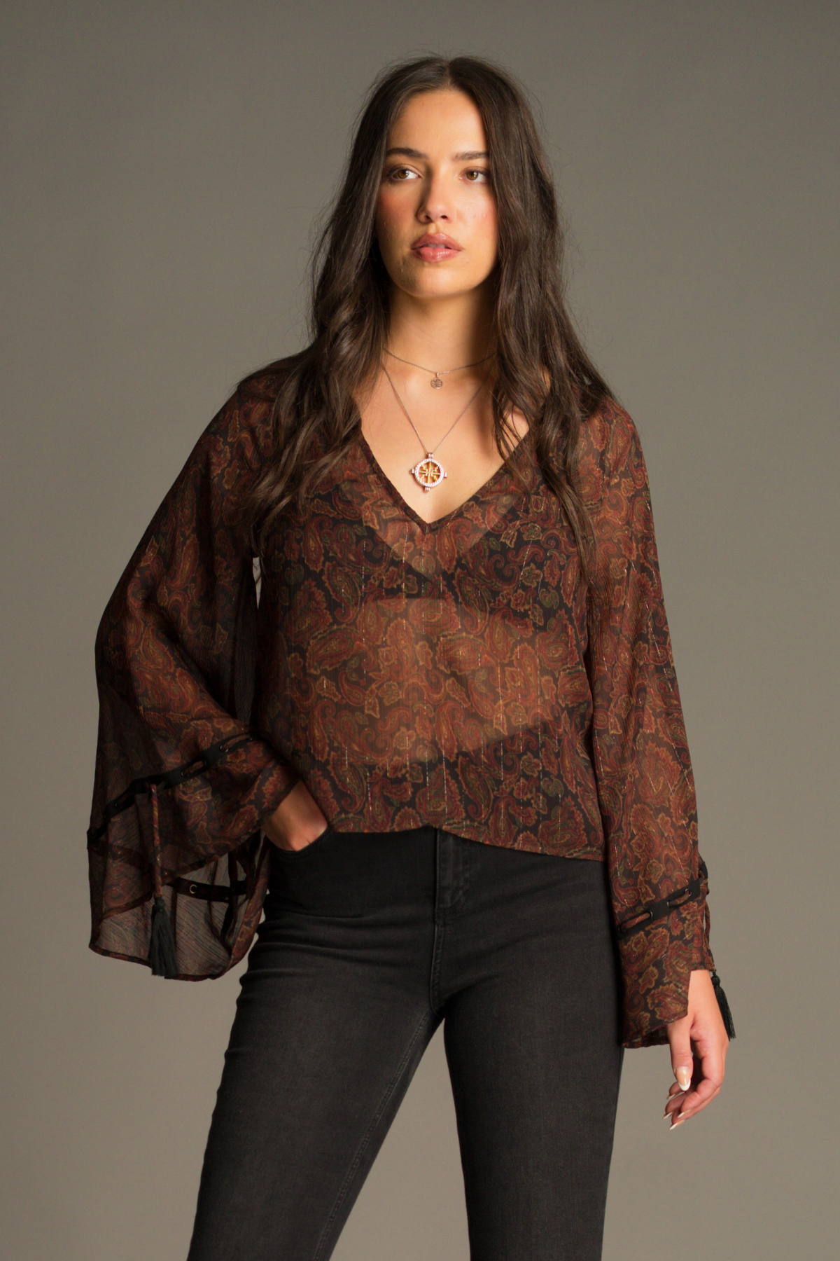 Dark Paradise Paisley Top by Little Lies featuring a vintage-inspired paisley print, sheer flowing sleeves and a relaxed bohemian silhouette