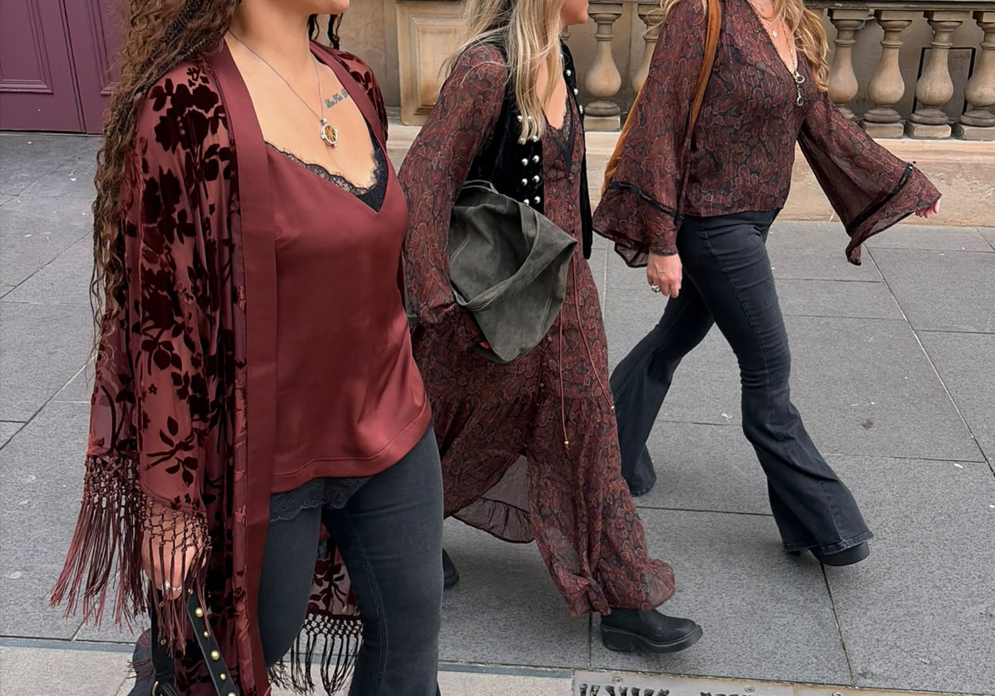 Little Lies autumn street style featuring the Dakota Rust Devore Kimono, Nightbird Rust Satin Cami Top, Dark Paradise Paisley Maxi Dress, Dark Paradise Paisley Top and Hendrix Denim Flares