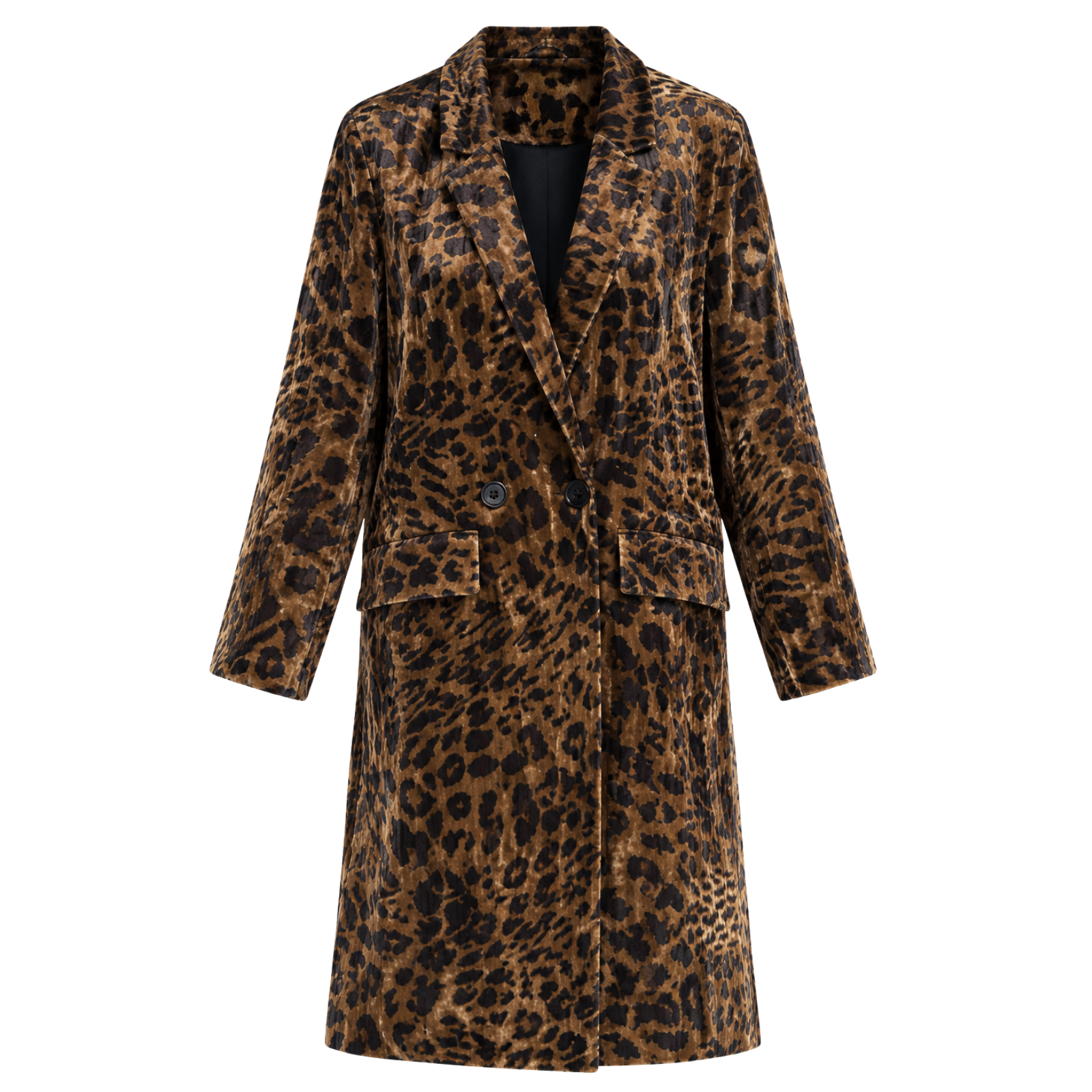 Ghost image of Jagger Leopard Velvet Duster by Little Lies featuring a bold leopard print, luxe crushed velvet texture and longline tailored silhouette