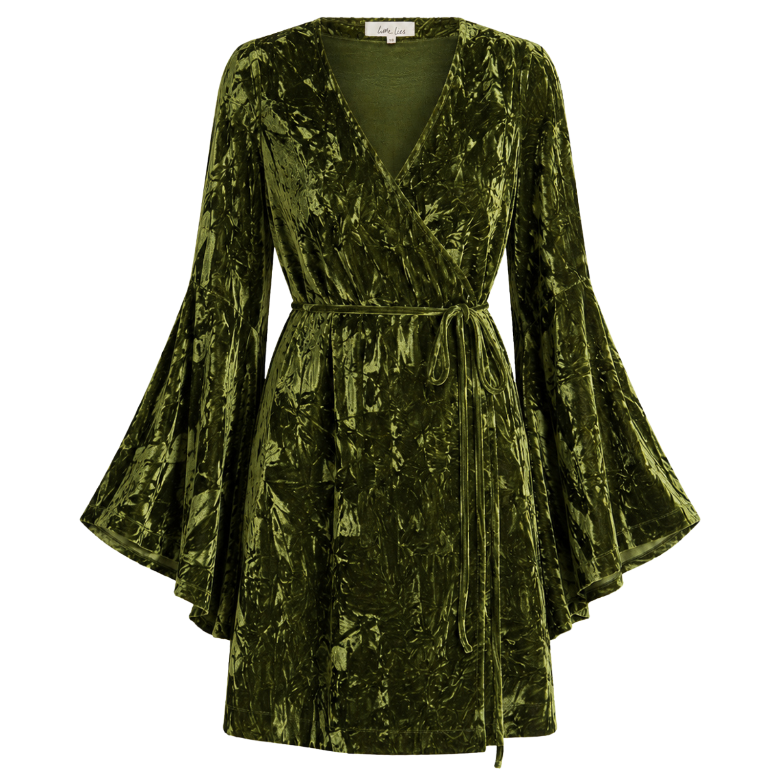 Ghost image of Jaded Olive Crushed Velvet Wrap Dress by Little Lies featuring a flattering wrap silhouette, flared sleeves and luxurious olive crushed velvet fabric