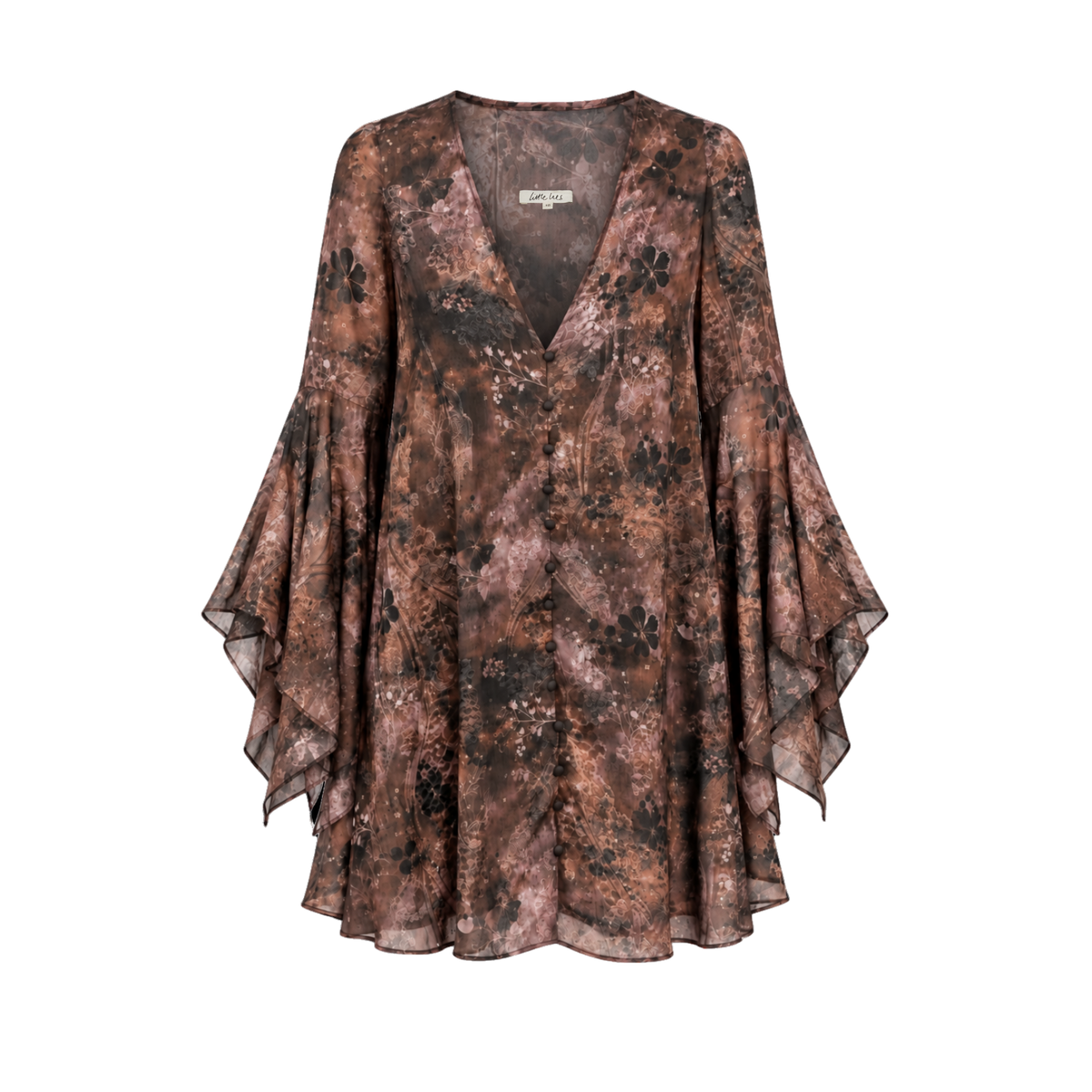 Ghost image of Practical Magic mini dress with vintage floral print, deep V-neck, button-front detail and statement hanky sleeves