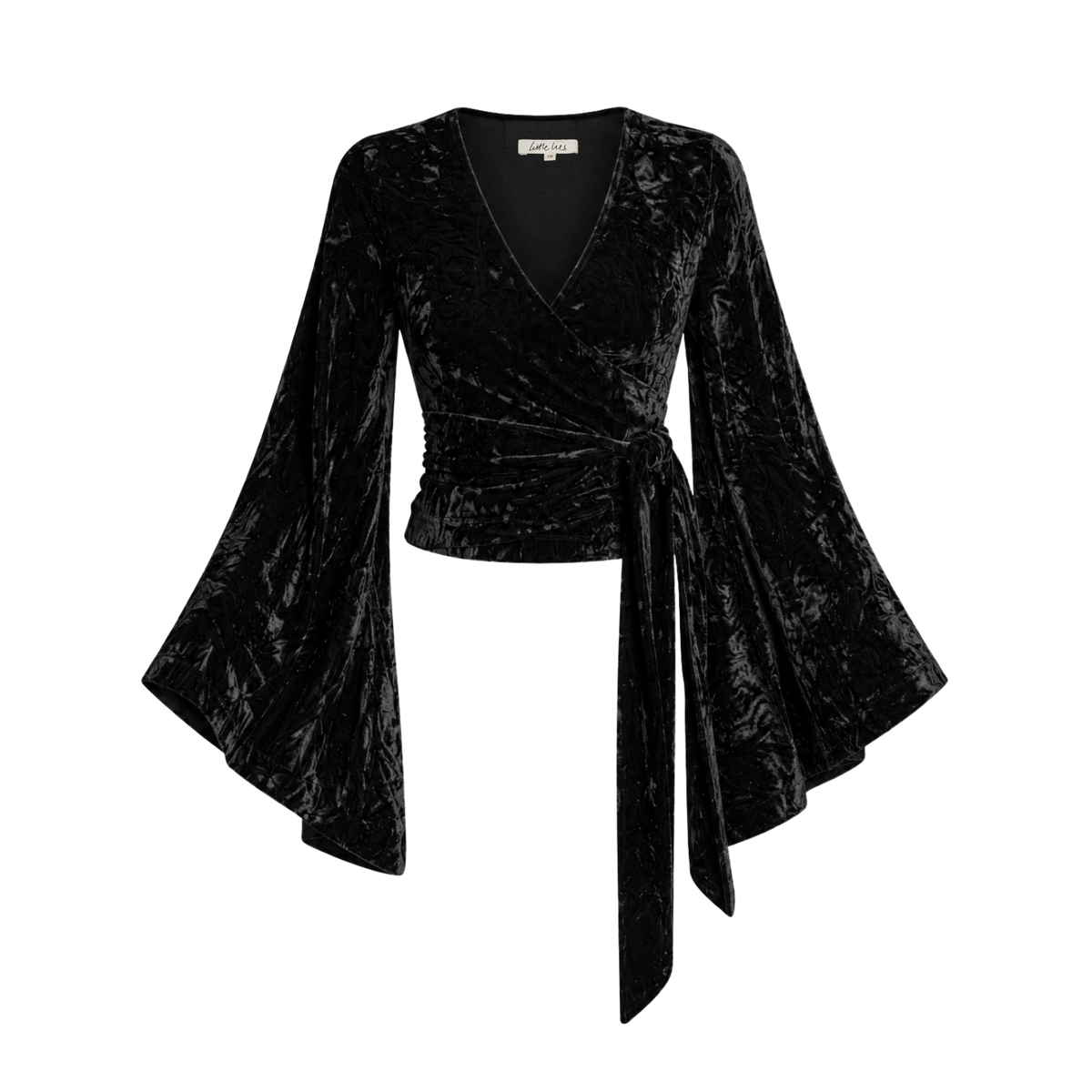 Ghost image of Little Lies Sally Black Velvet Wrap Top in black crushed velvet with a wrap front, tie waist and dramatic bell sleeves.