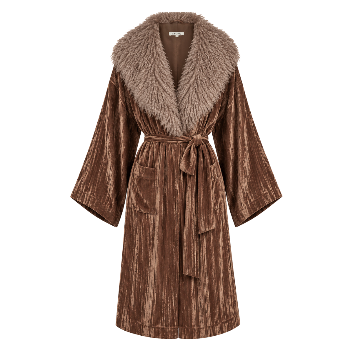 Ghost image of Sienna bronze velvet kimono jacket with oversized faux fur collar, tie waist belt, patch pockets and longline silhouette