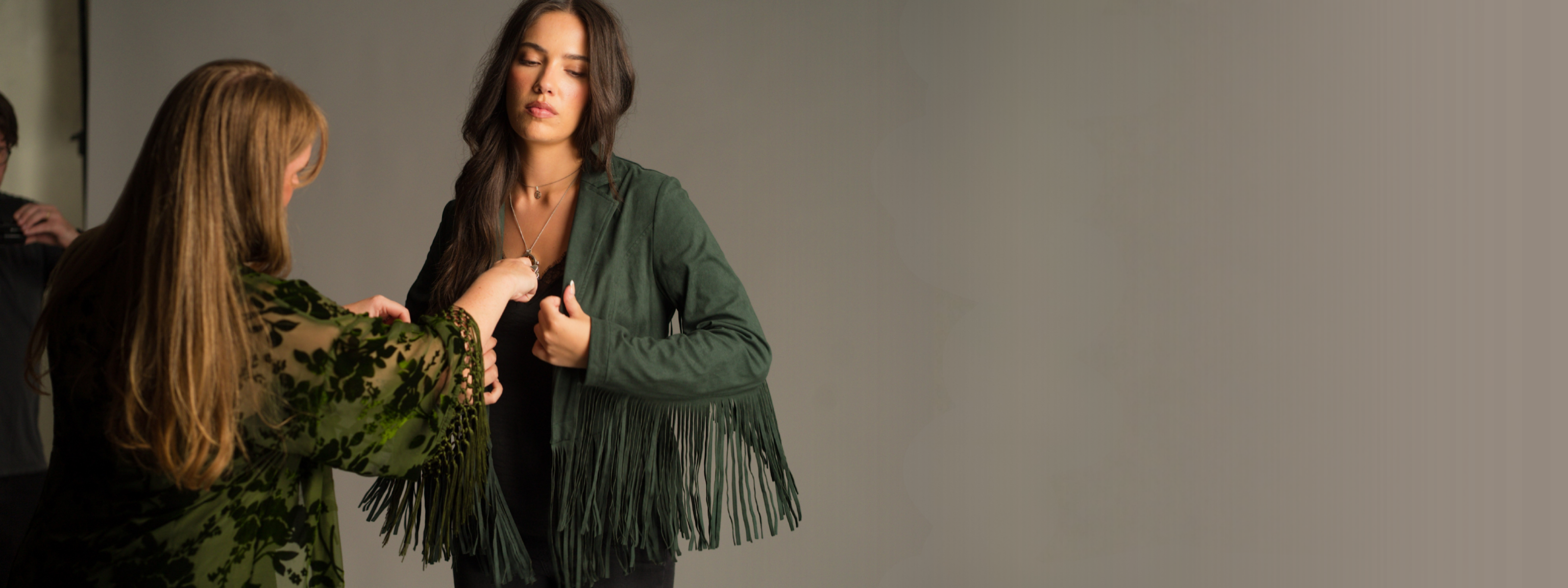 Behind the scenes of the Little Lies autumn campaign featuring the Ivy Fringed Faux Suede Jacket with statement western-inspired fringe detailing and soft faux suede fabric