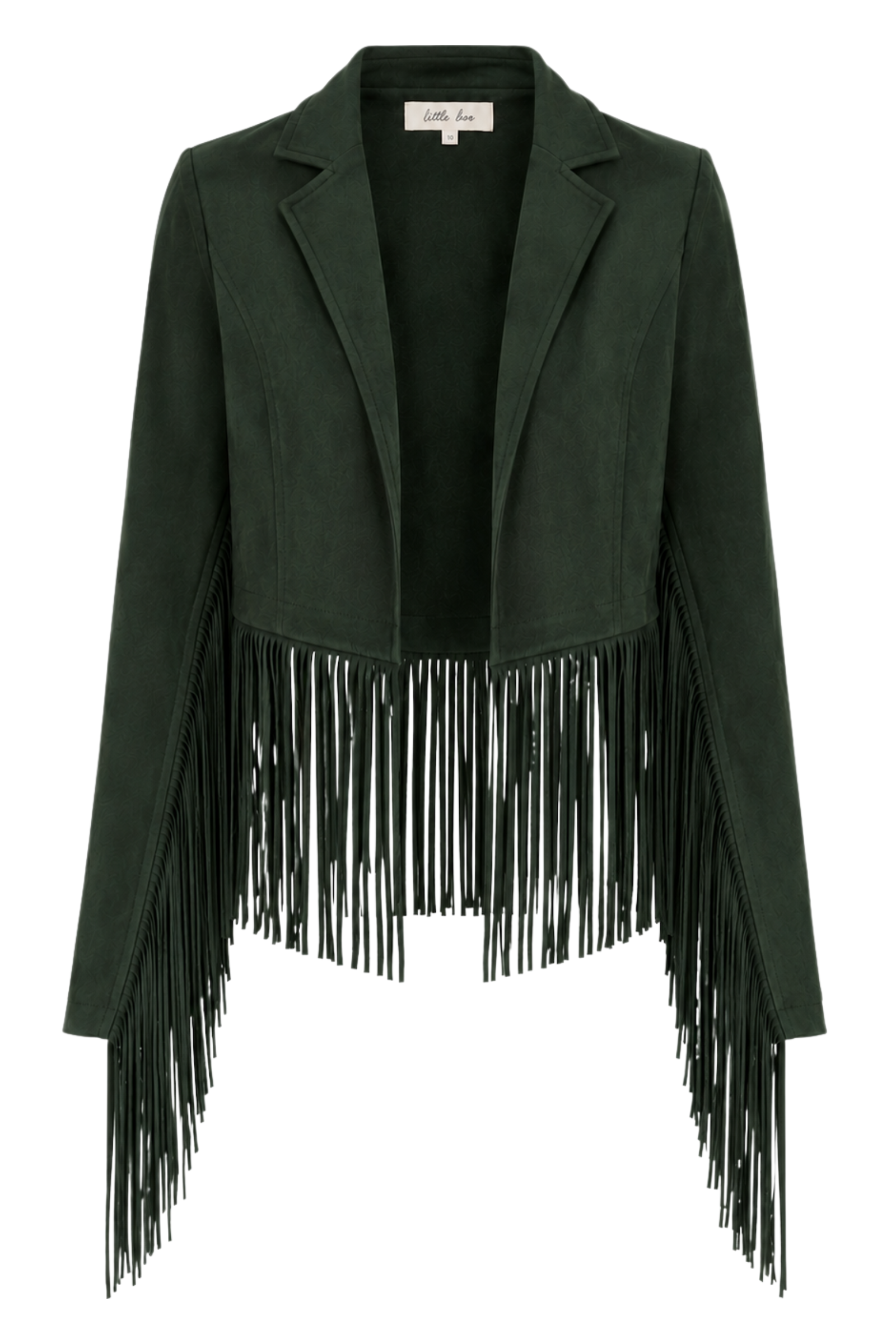 Ghost image of the Ivy Fringed Faux Suede Jacket showing open blazer front and fringe hem.
