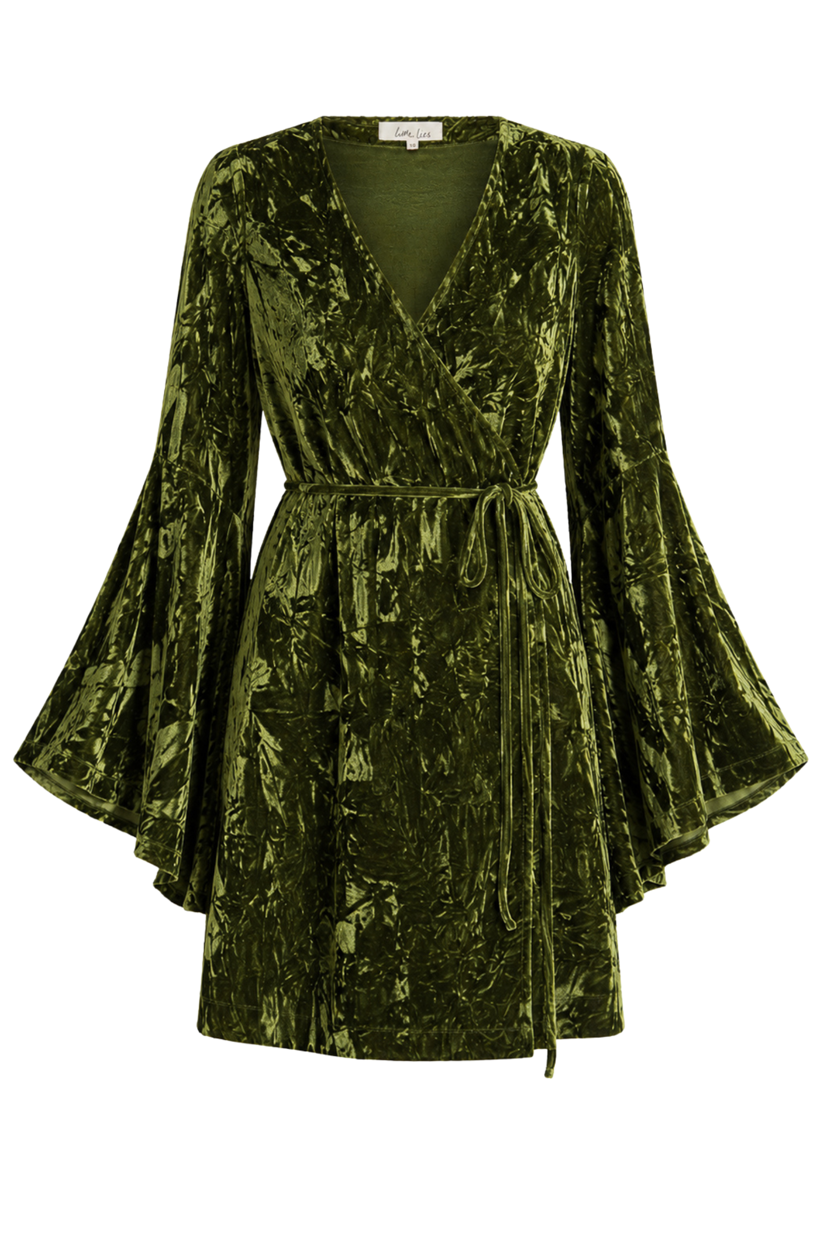 Ghost image of the Jaded Olive Crushed Velvet Wrap Mini Dress showing wrap silhouette and flared sleeves.