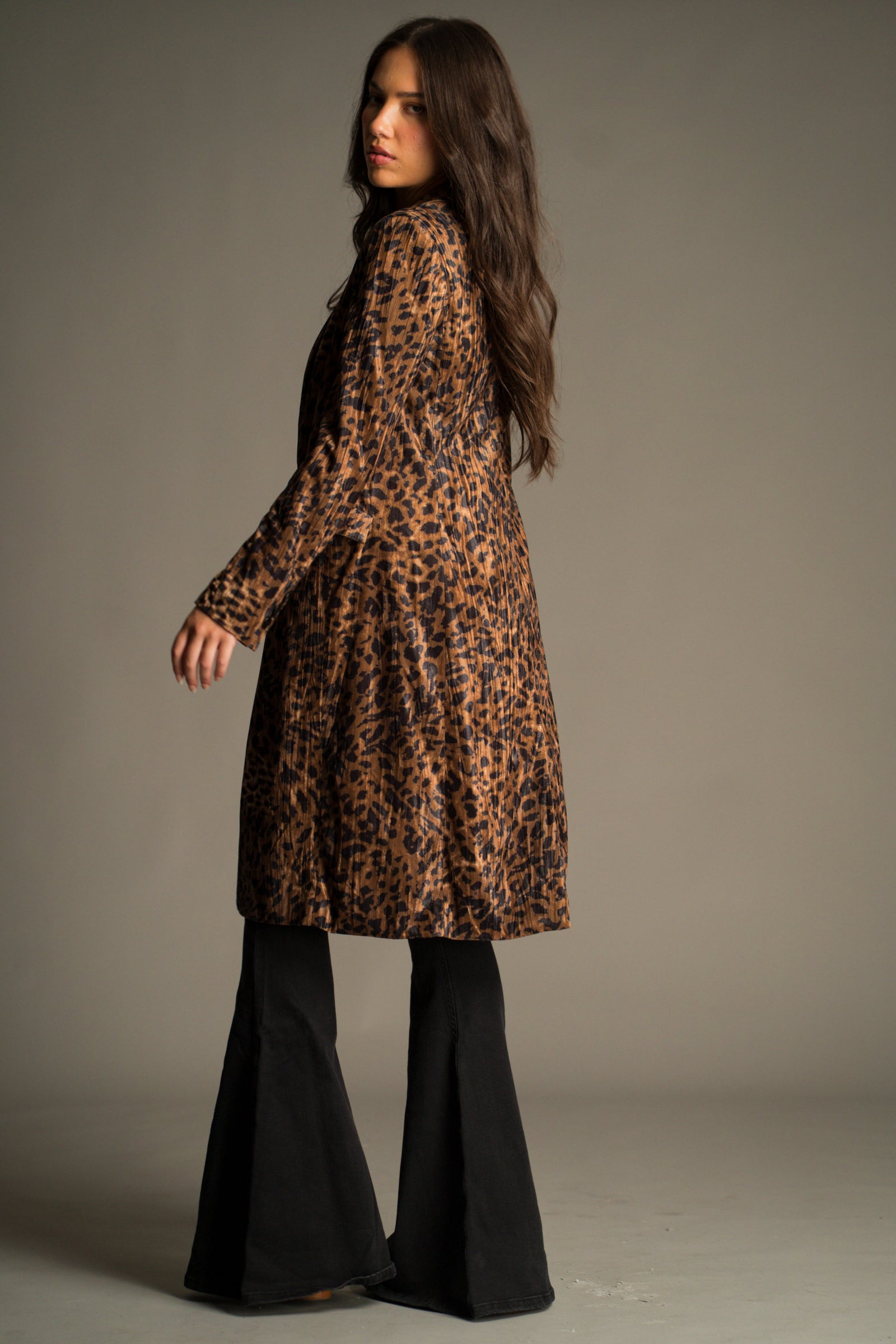 Full length back view of the Jagger Leopard Velvet Duster Coat showing hem length.