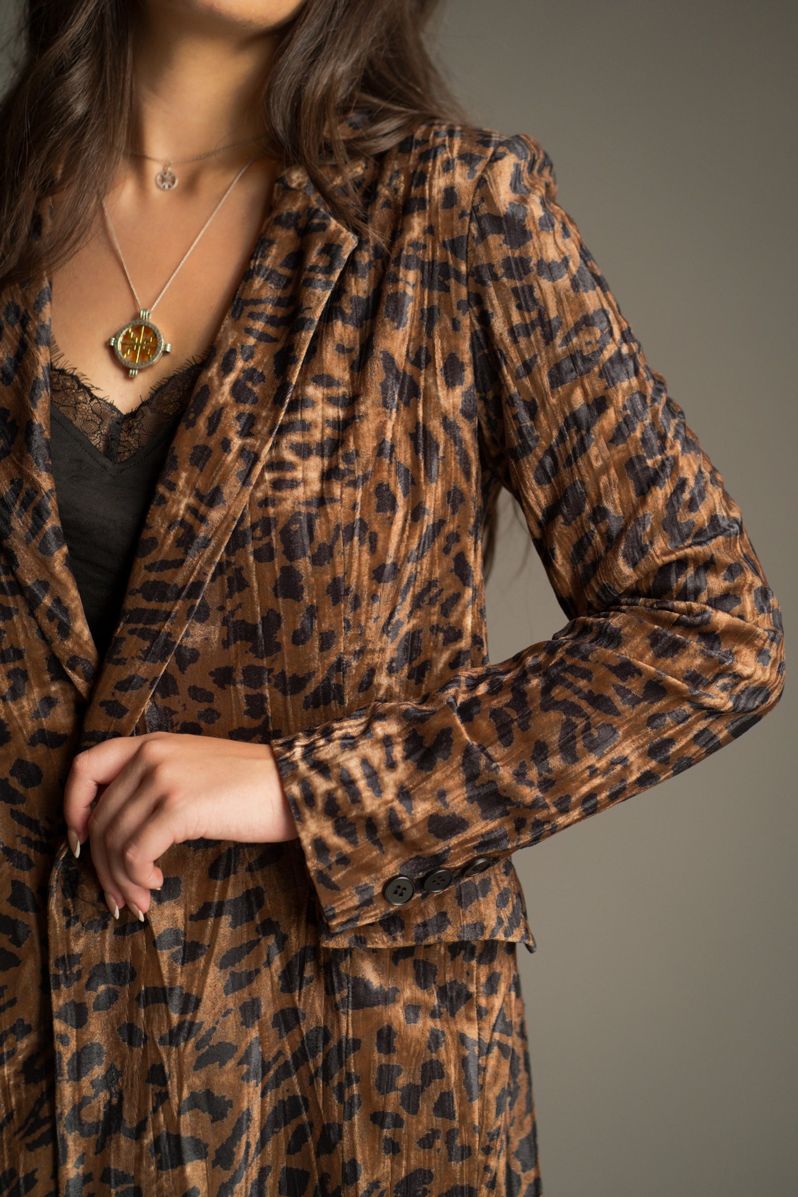 Front view of the Jagger Leopard Velvet Duster Coat showing double-breasted button front and velvet texture.