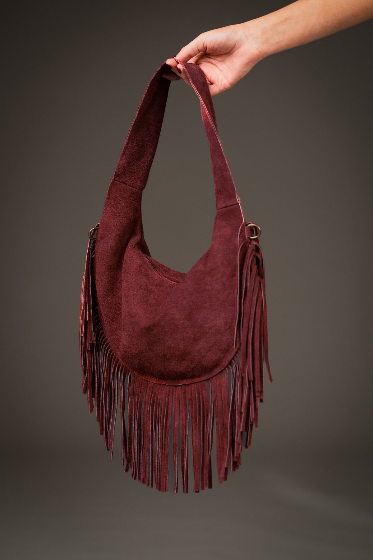 Kate Oxblood Suede Fringe Studded Bag