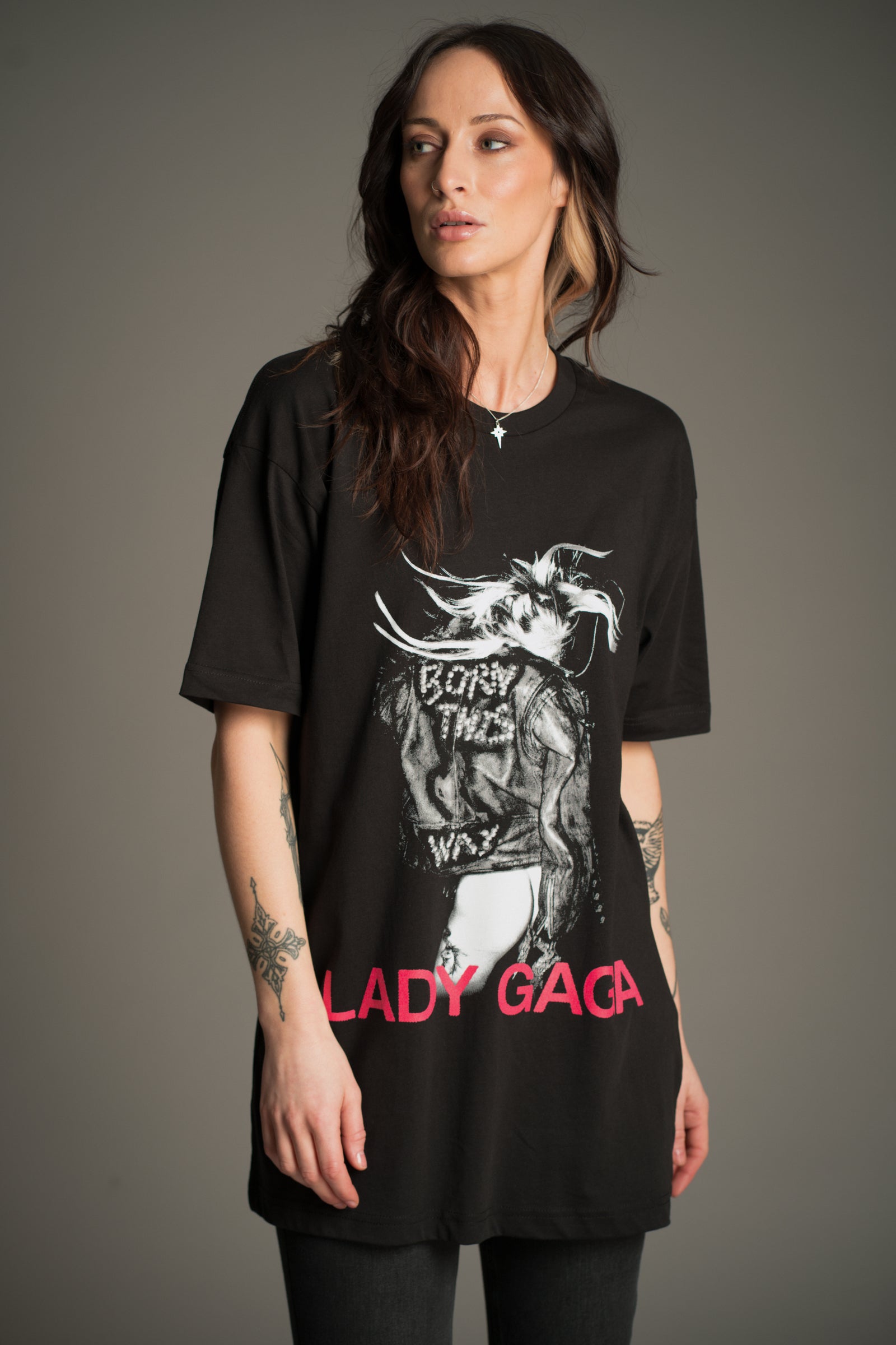 Lady Gaga Born This Way vintage band tee styled on model