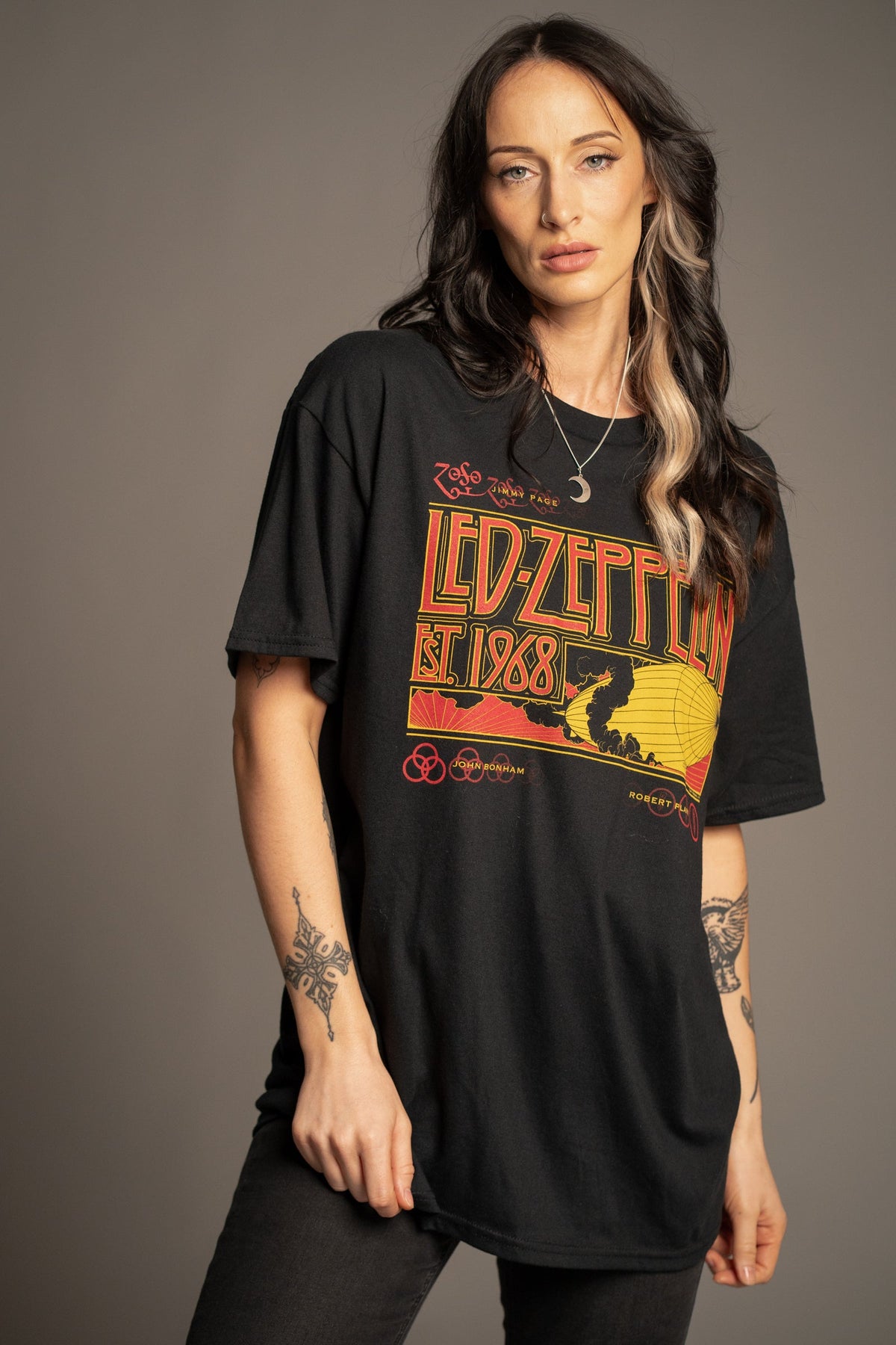 Victoria styling the Led Zeppelin 1968 black band T-shirt sized up for an oversized look