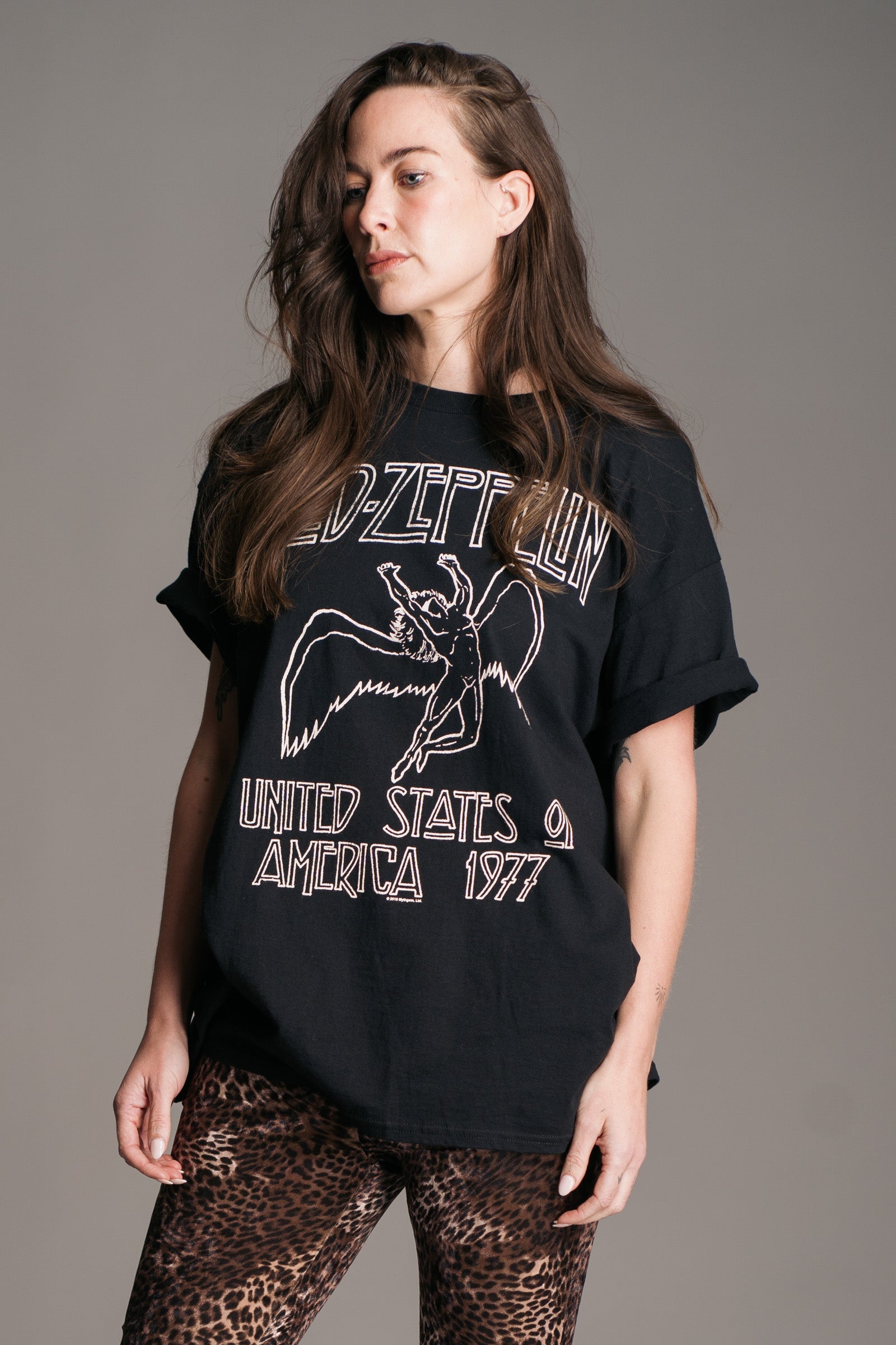Led Zeppelin ’77 Icarus vintage band tee front graphic styled with Hendrix Leopard Crushed Velvet Flares