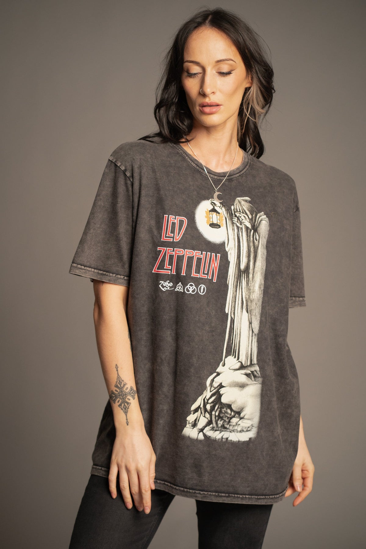 Victoria wearing the Led Zeppelin Hermit Tarot vintage wash band T-shirt, front view