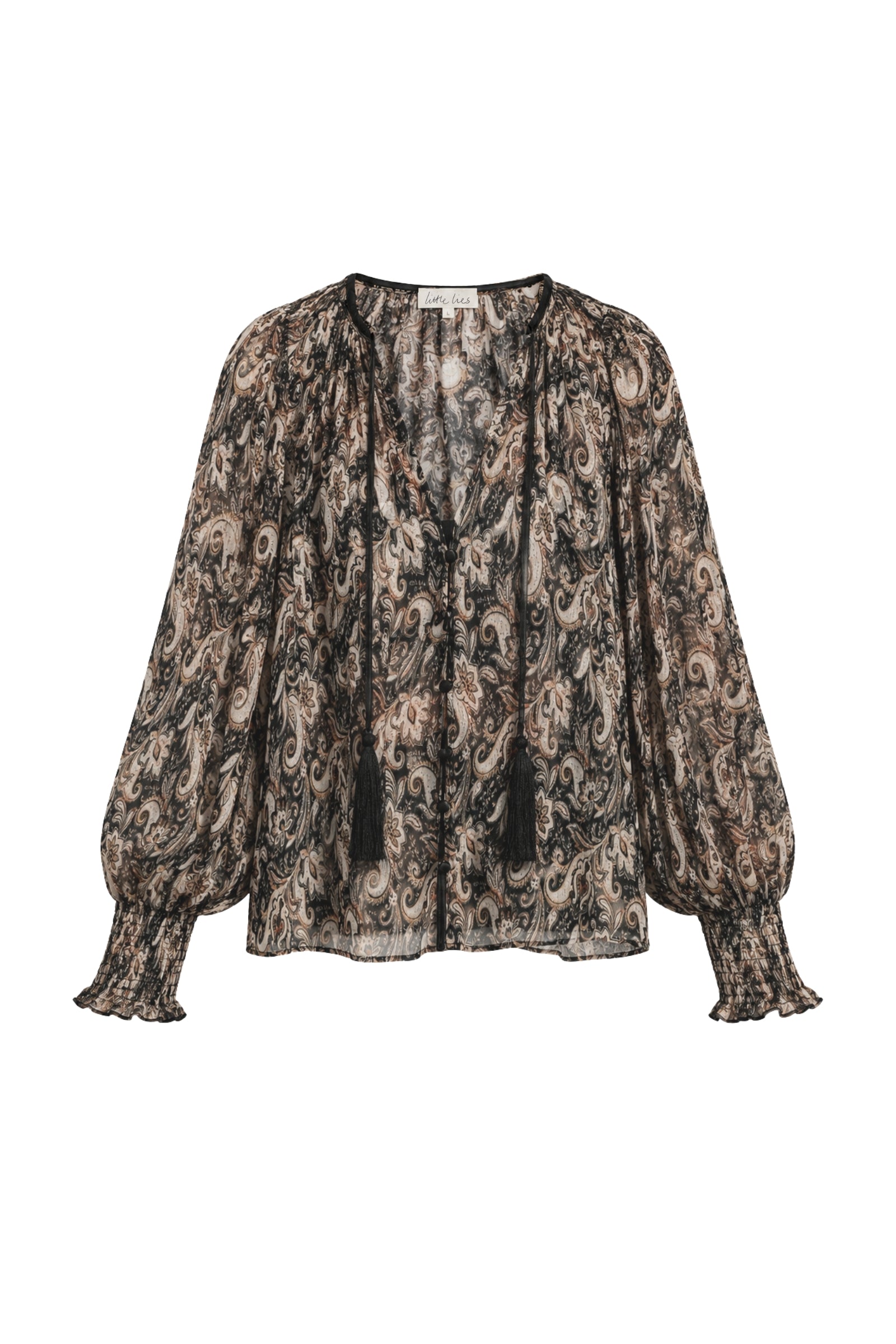 Little Lies Eleanor paisley smock top ghost image showing relaxed silhouette and tassel tie neckline