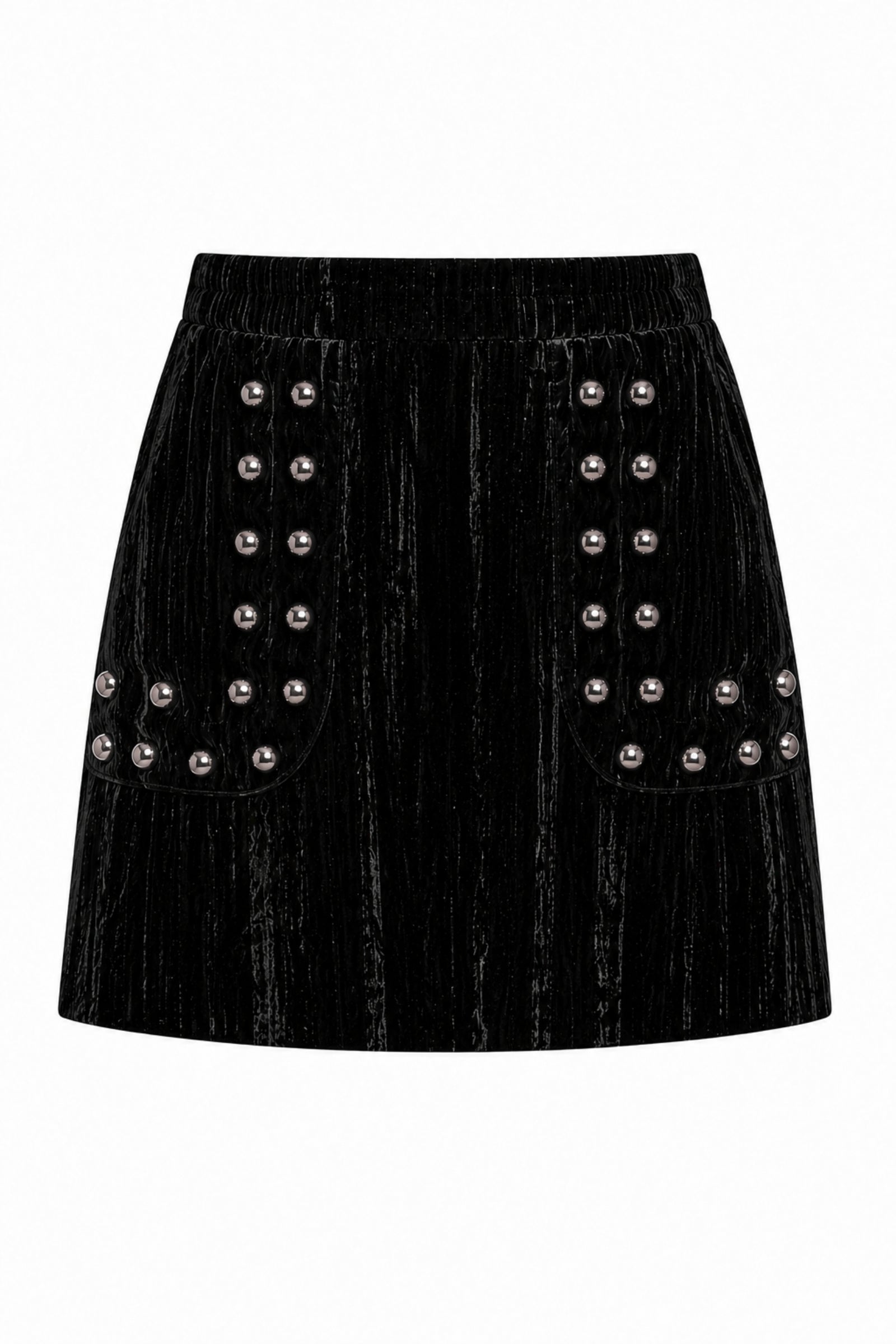 Flat lay of Little Lies Lennon velvet mini skirt showing soft black textured fabric and silver stud embellishment on front pockets