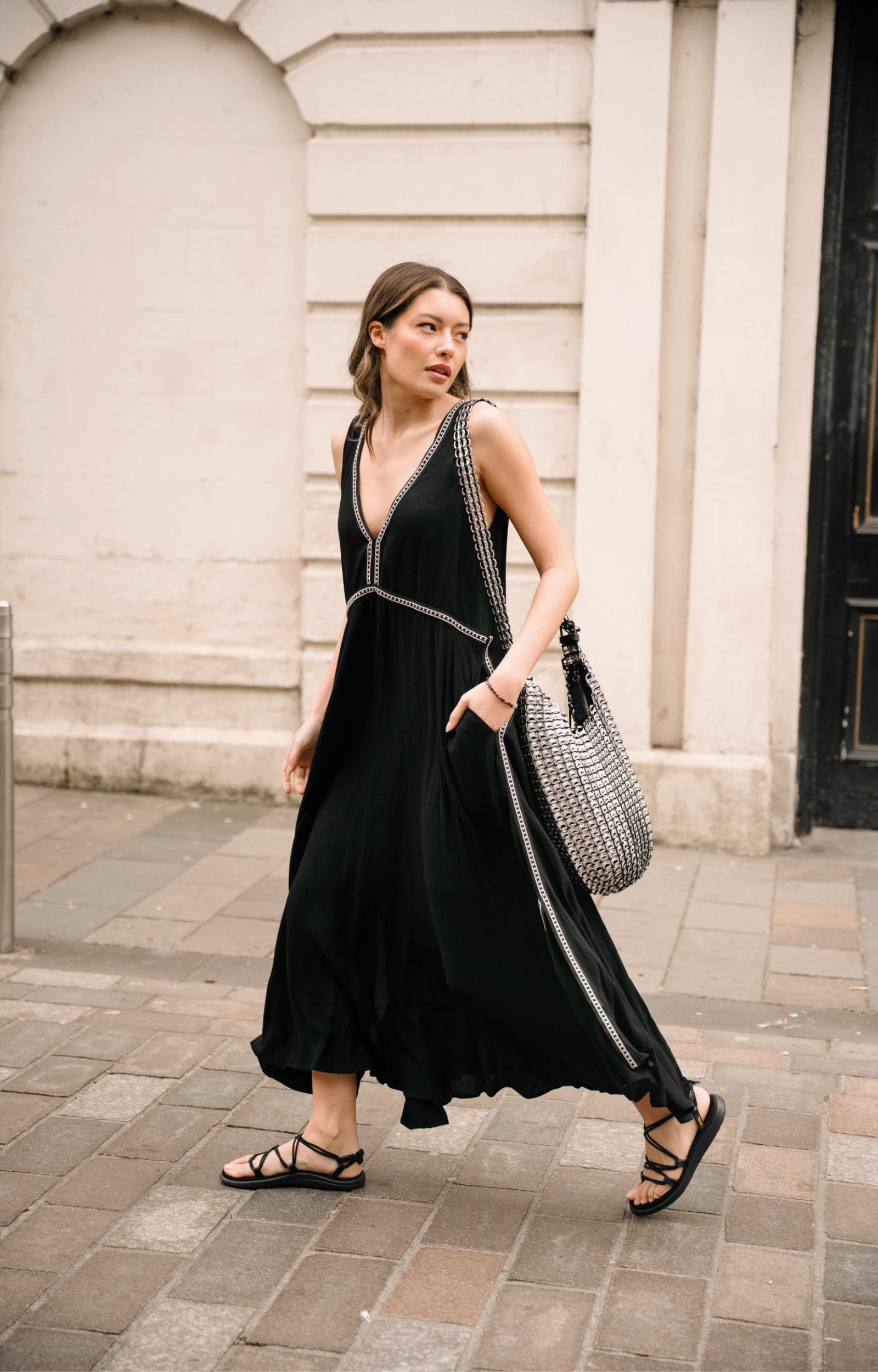 Little Lies Onyx Studded Cheesecloth Midi Dress in black with silver stud trim and deep V neckline