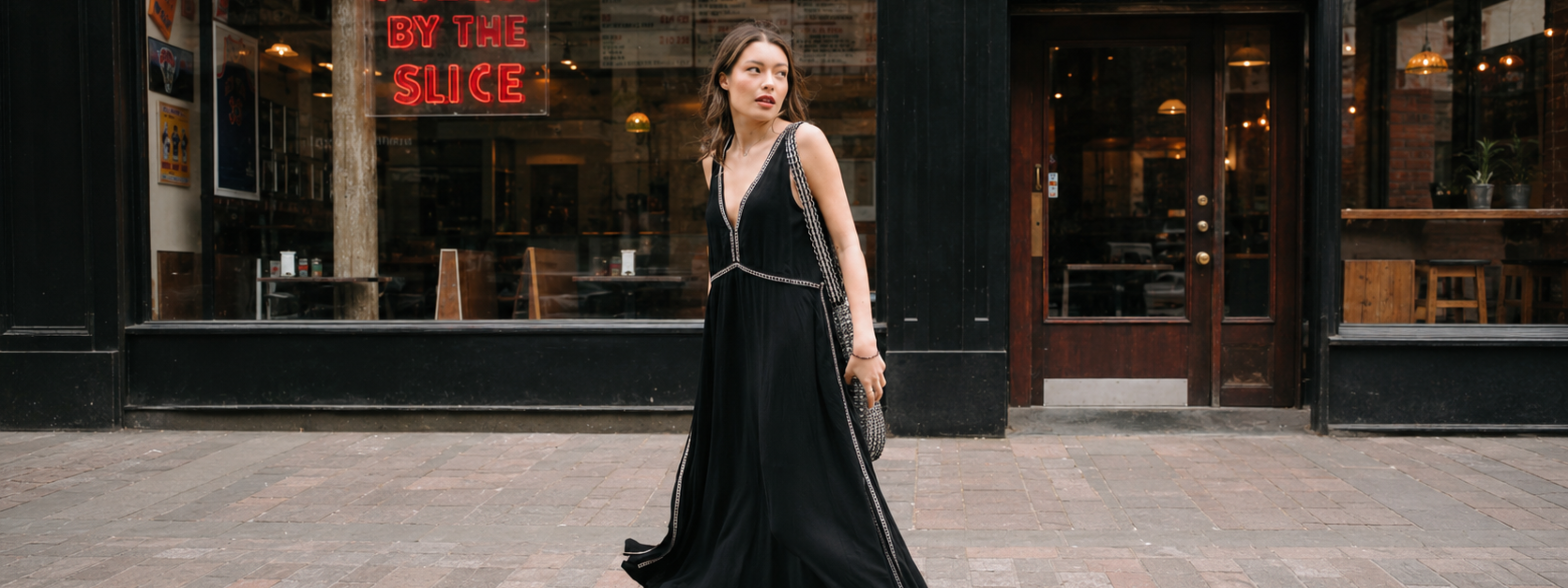 Little Lies Onyx Studded Midi Dress in black with silver stud trim and deep V neckline, street style.