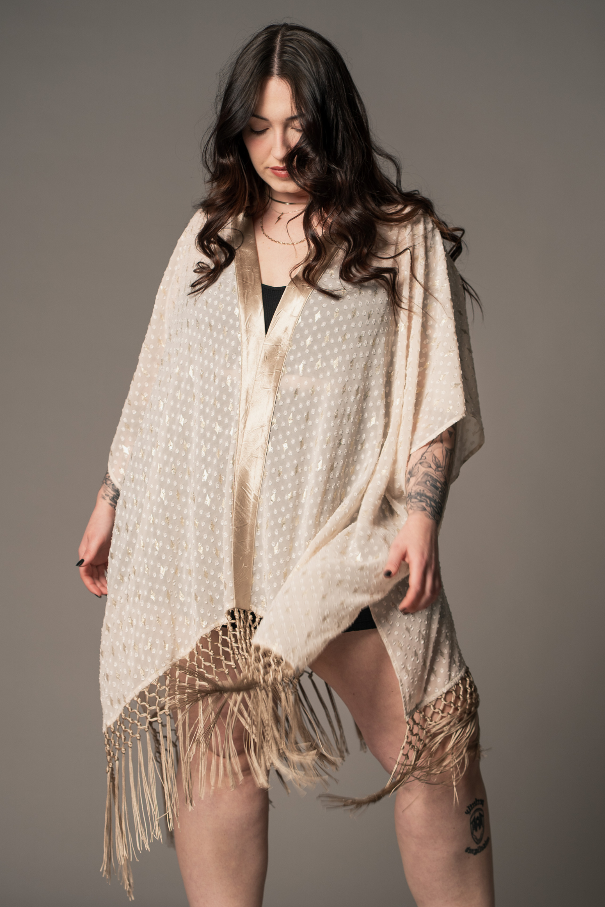 Little Lies Songbird Ivory Kimono in metallic gold jacquard with fringe hem