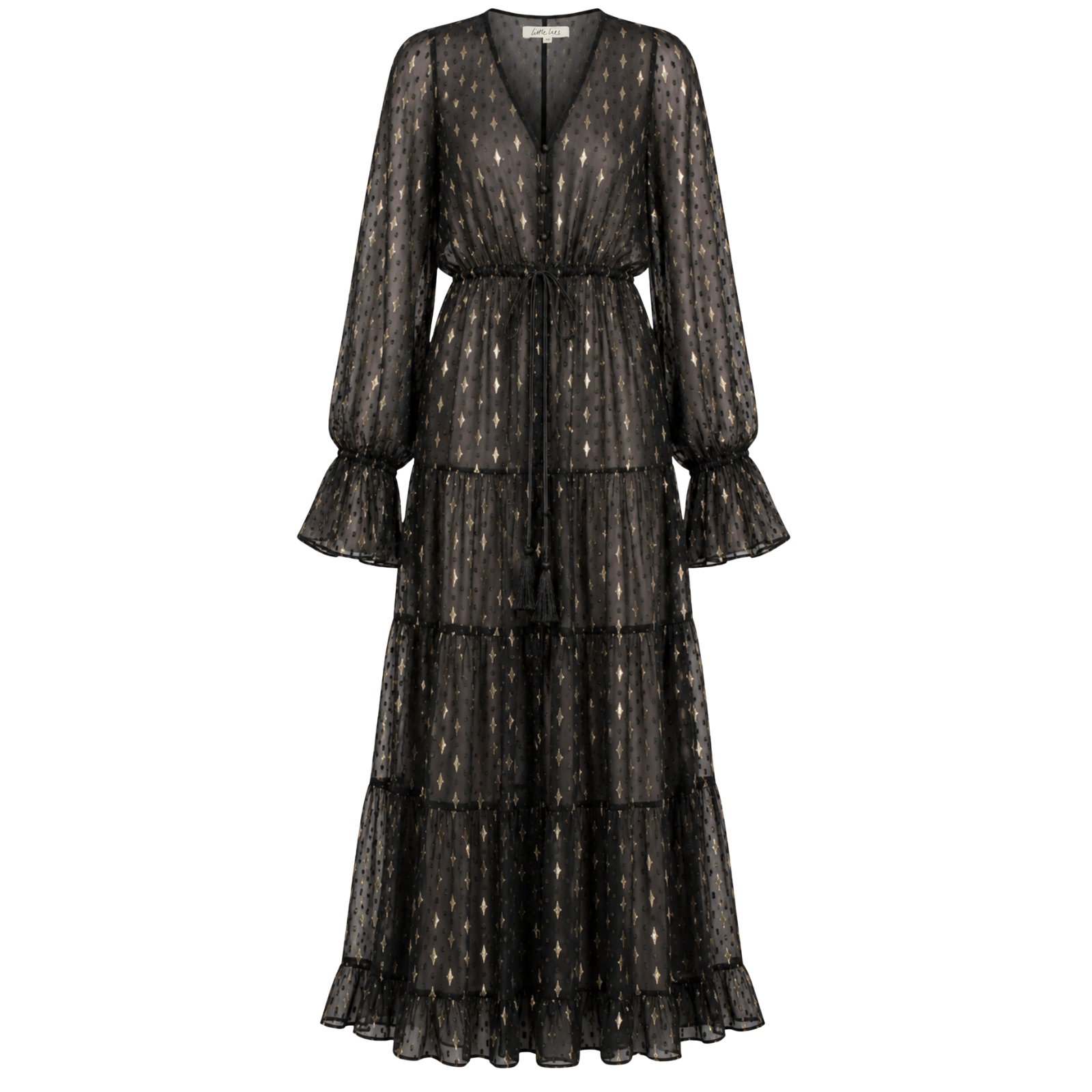 Little Lies Space Oddity Metallic Maxi Dress in sheer black chiffon with gold diamond motifs, tiered ruffle skirt and fluted cuffs