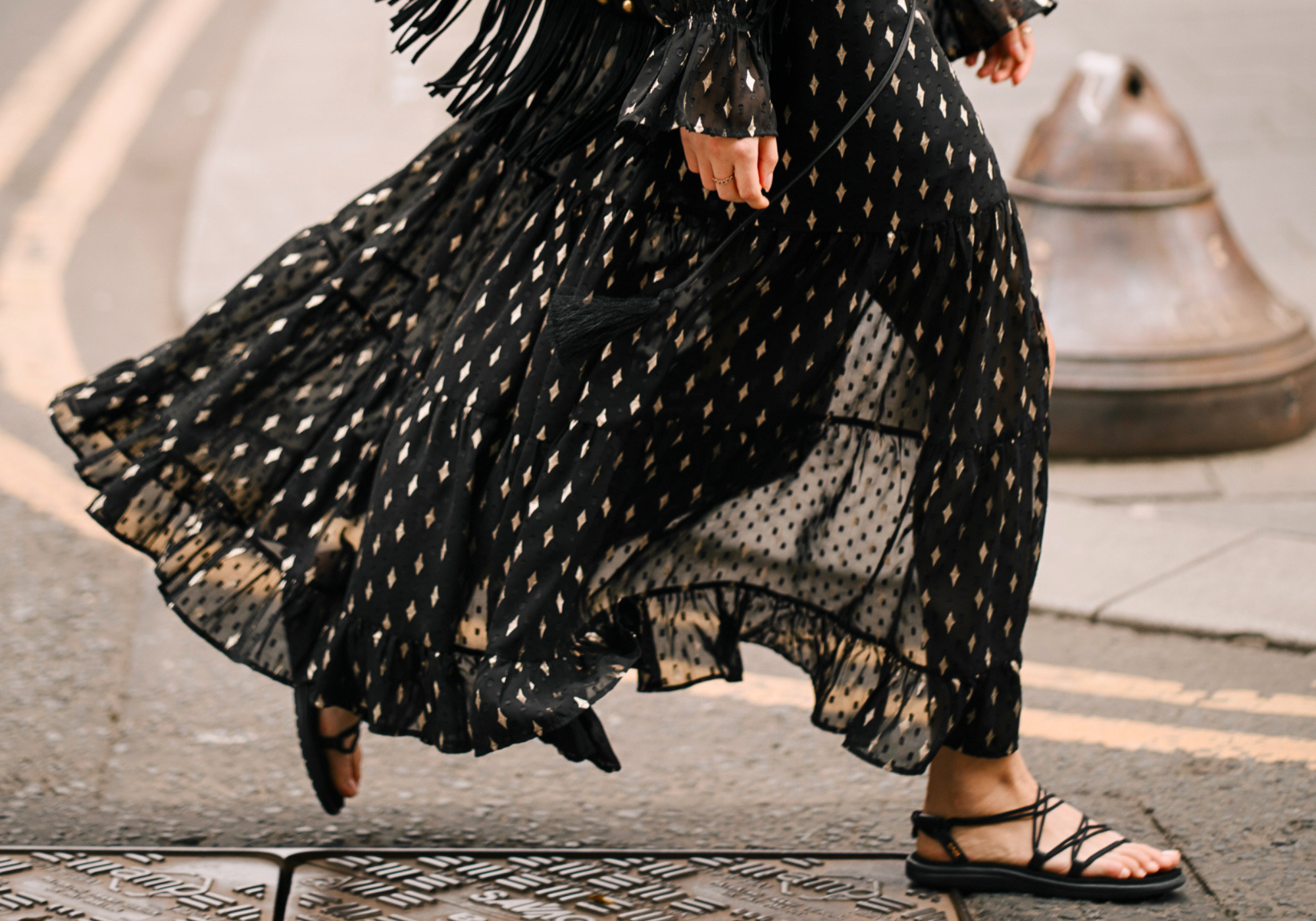 Little Lies Space Oddity Metallic Maxi Dress in sheer black chiffon with gold diamond motifs and tiered ruffle hem