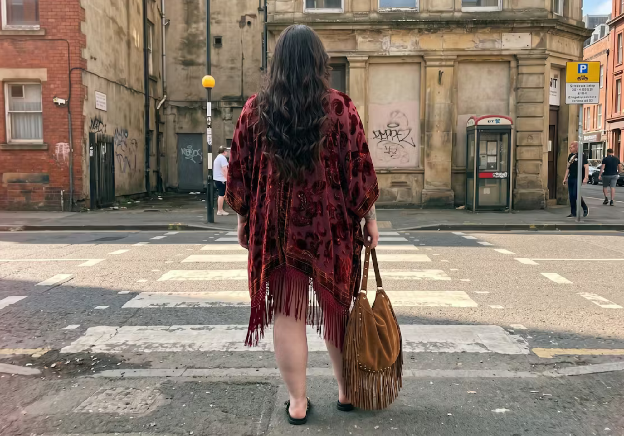 Little Lies Stevie Paisley Plum Kimono with fringe hem and paisley print, street style.
