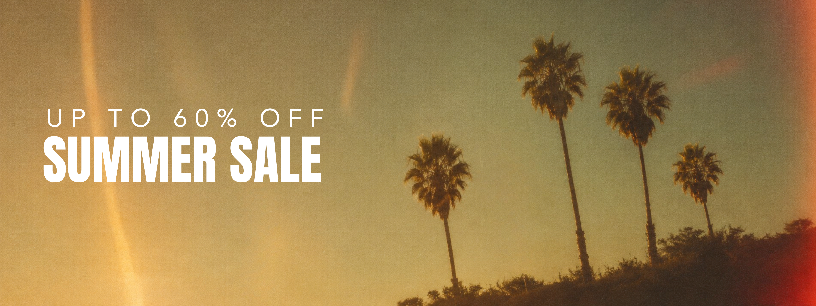 Little Lies Summer Sale banner featuring a California inspired palm tree and sunset background with up to 60% off clothing and accessories.