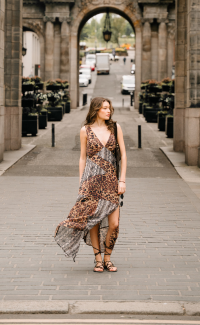 Little Lies Zadie Animal Handkerchief Dress in patchwork leopard and snake print chiffon with deep V neckline and handkerchief hem