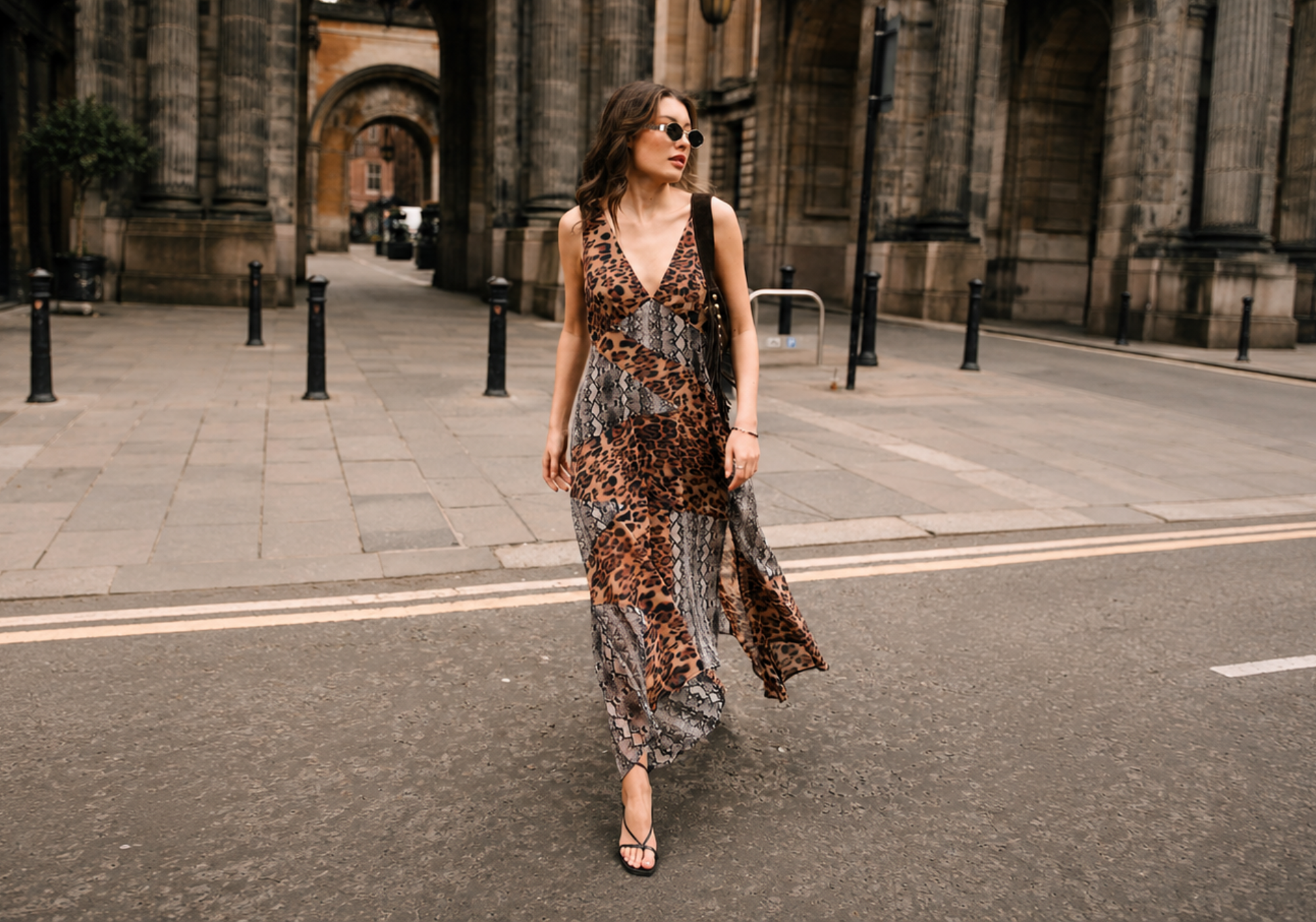 Little Lies Zadie Animal Handkerchief Dress in patchwork leopard and snake print chiffon with deep V neckline and handkerchief hem
