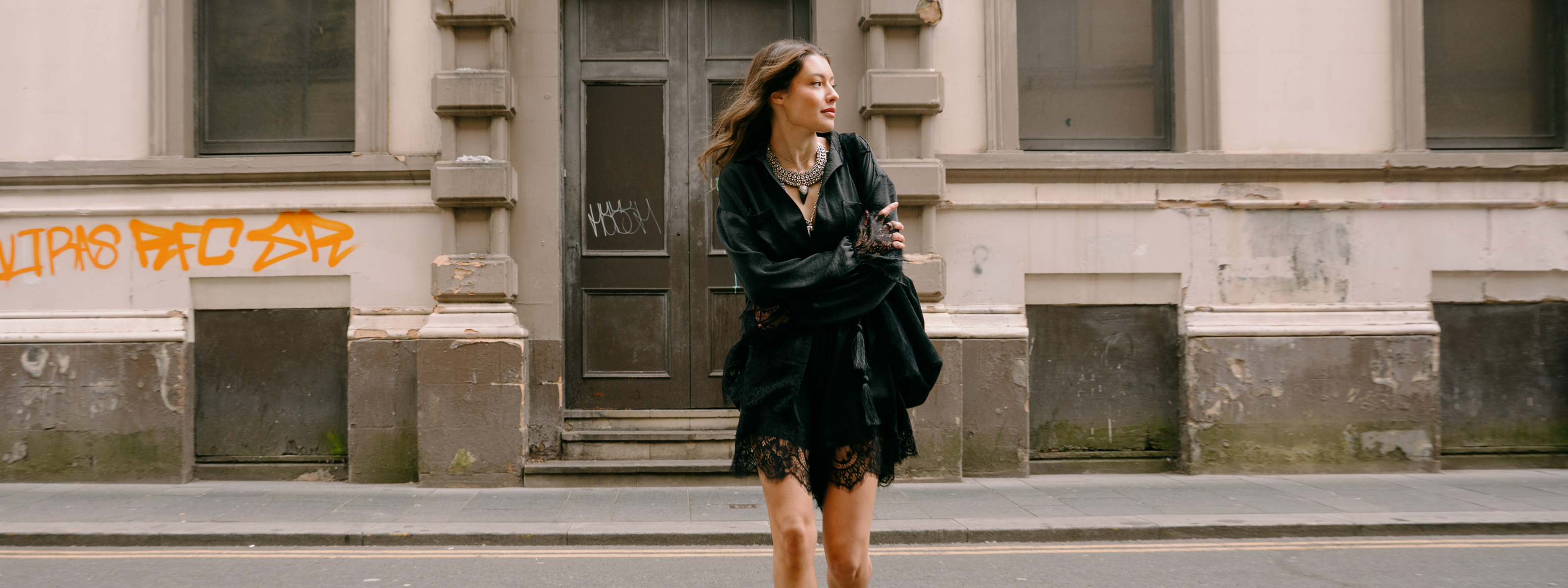 Little Lies Zoë Black Satin Lace Trim Shirt and Shorts co-ord with scalloped lace hem detail, Glasgow street style.
