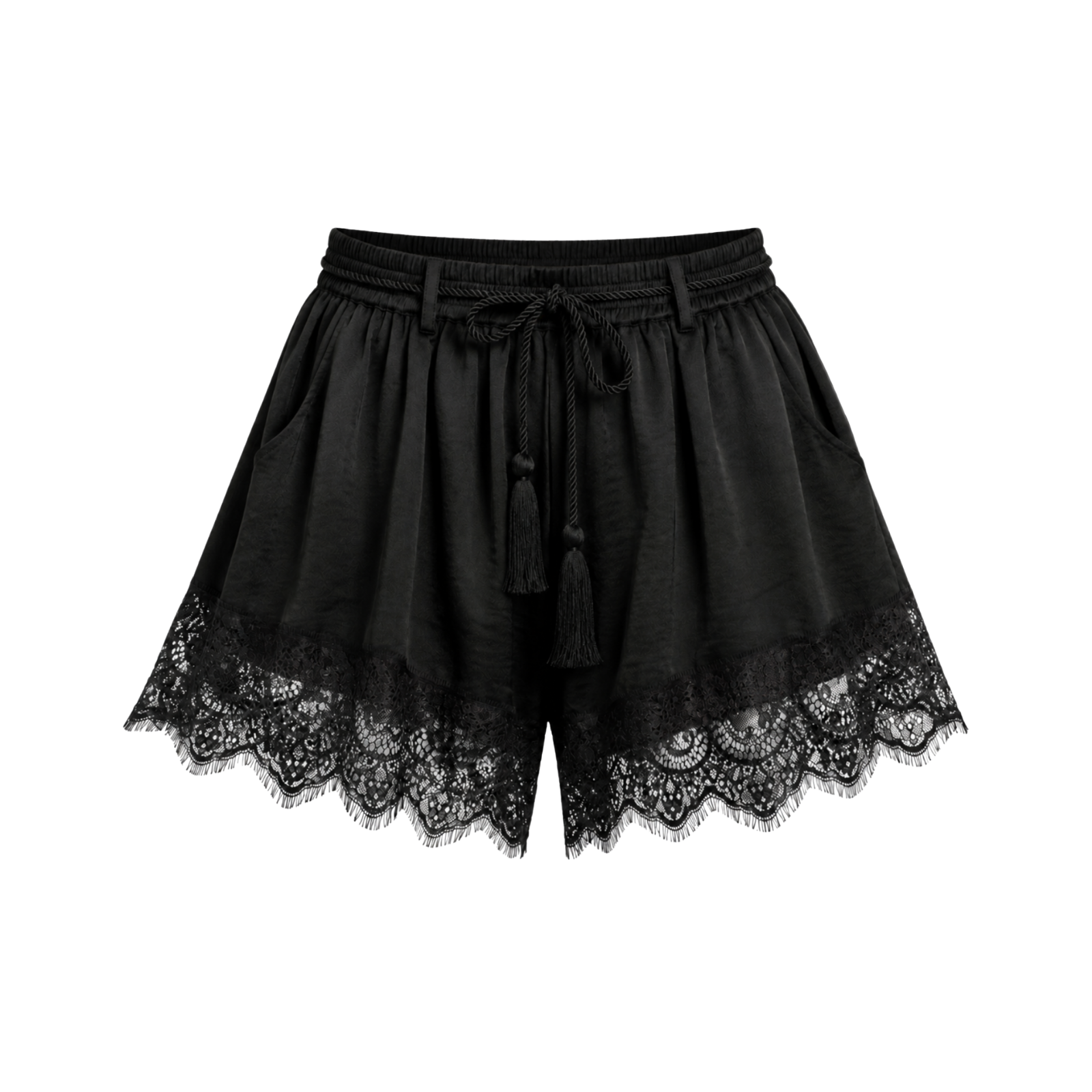 Little Lies Zoë Black Satin Lace Trim Shorts with rope drawstring and scalloped lace hem