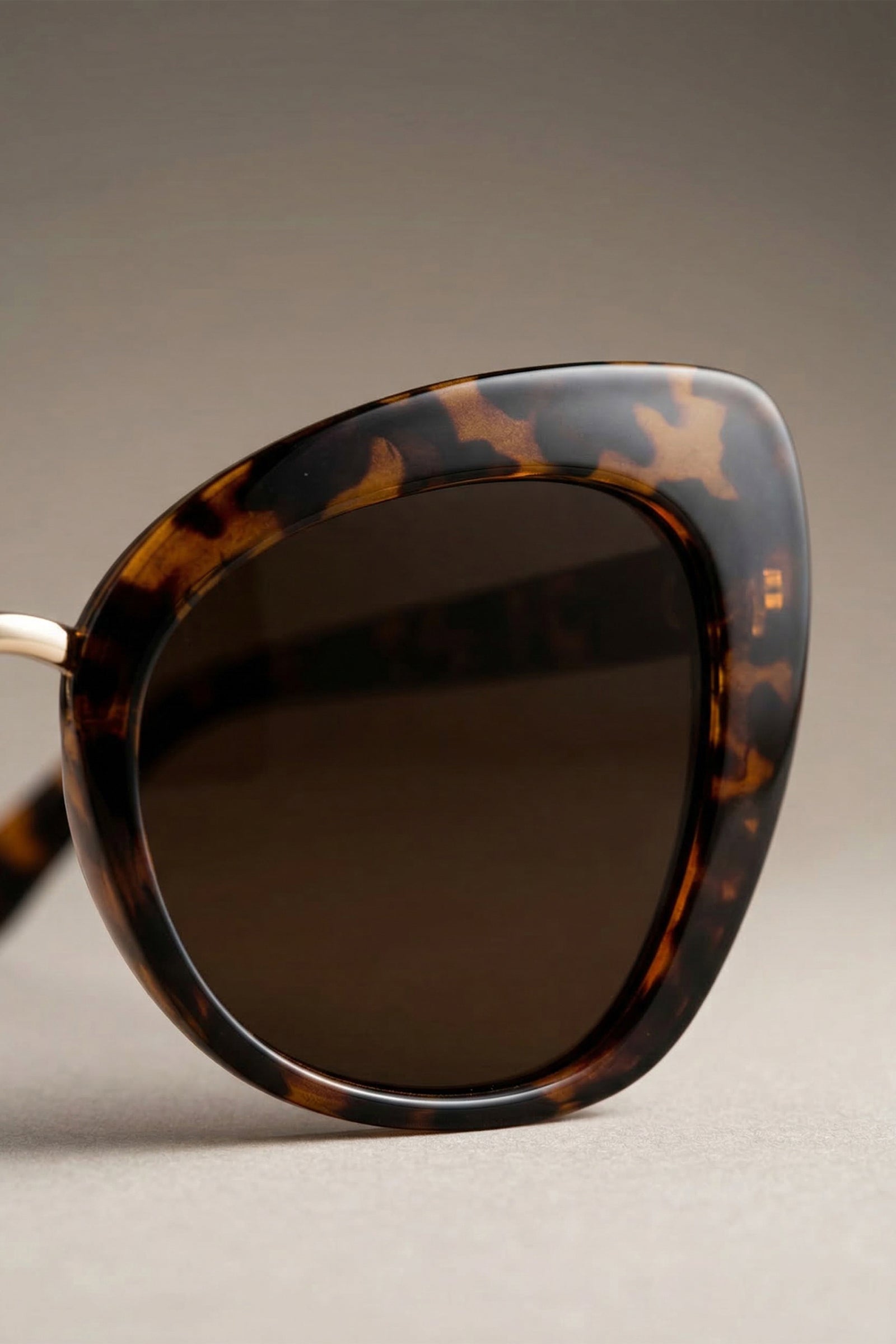 Close-up of tortoiseshell frame on cat eye sunglasses