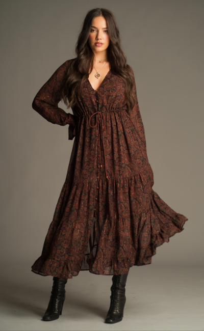 Dark Paradise Paisley Maxi Dress by Little Lies featuring a vintage-inspired paisley print, adjustable drawstring waist and flowing bohemian silhouette