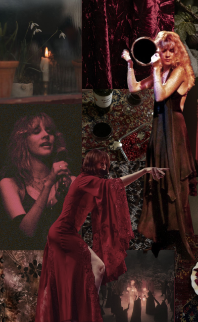 Little Lies Spellbound collection mood board featuring red wine, candlelight, black lace, merlot velvet textures and shadowy silhouettes with a romantic gothic aesthetic