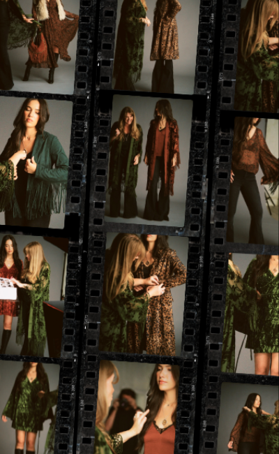 Behind the scenes of the Little Lies autumn campaign featuring the Dakota Olive Devore Kimono, Dark Paradise Paisley Maxi Dress, Jaded Olive Crushed Velvet Wrap Dress, Velvet Goldmine Rust Smock Dress and Nightbird Rust Satin Cami Top
