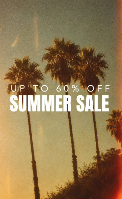 Little Lies Summer Sale banner featuring a California inspired palm tree and sunset background with up to 60% off clothing and accessories.