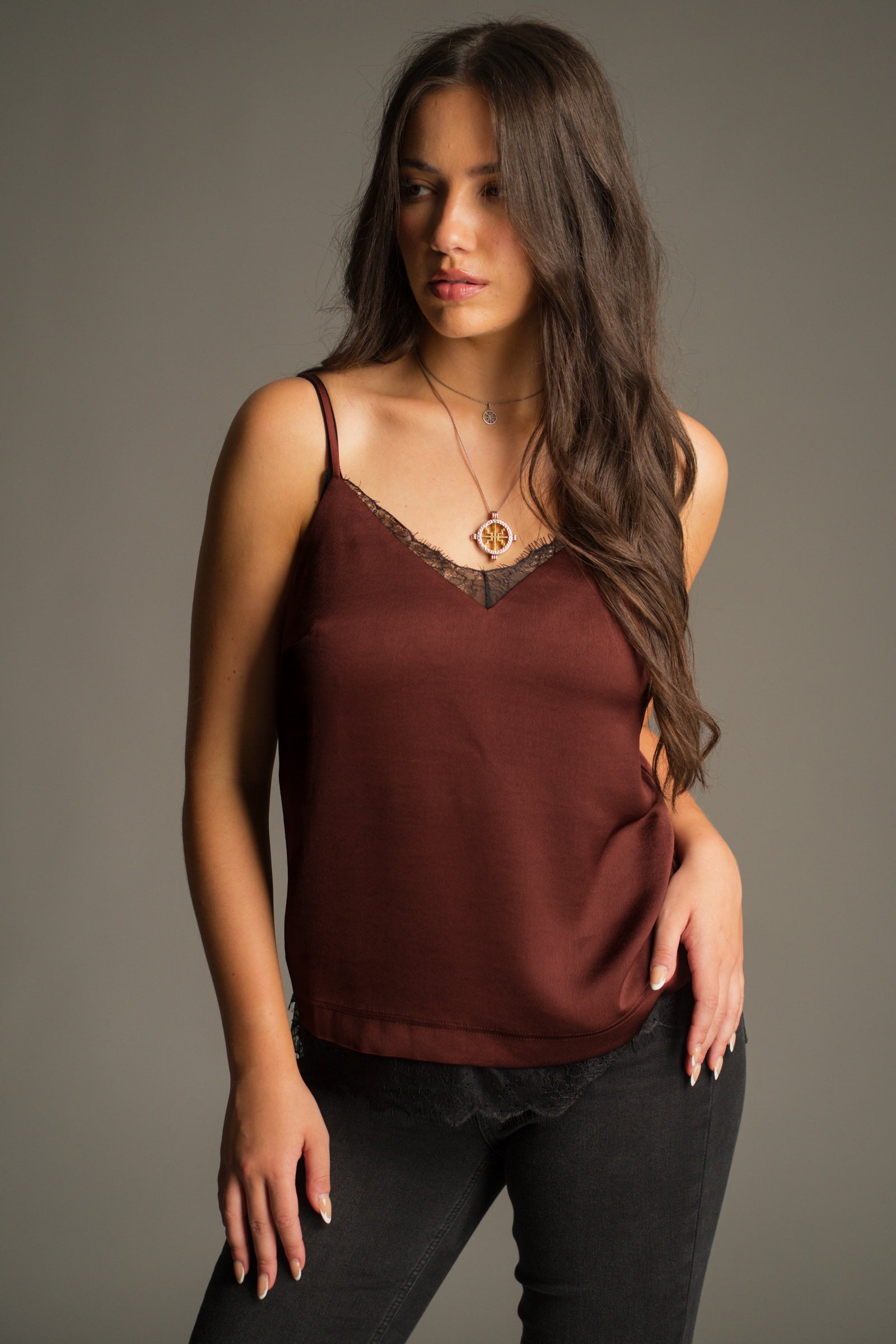 Nightbird Rust Satin Cami Top in rich copper-rust hammered satin styled with Hendrix Denim Flares.