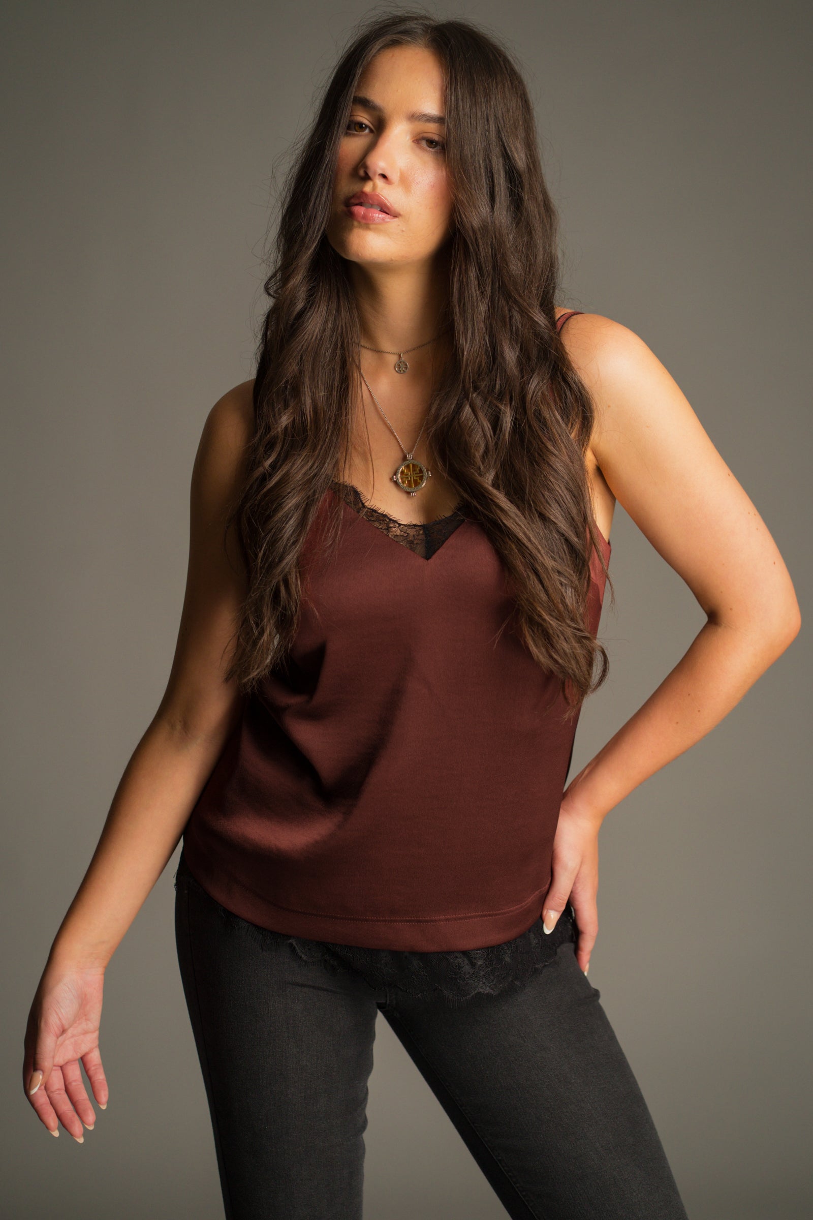 Front view of the Nightbird Rust Satin Cami Top in rich copper-rust hammered satin.