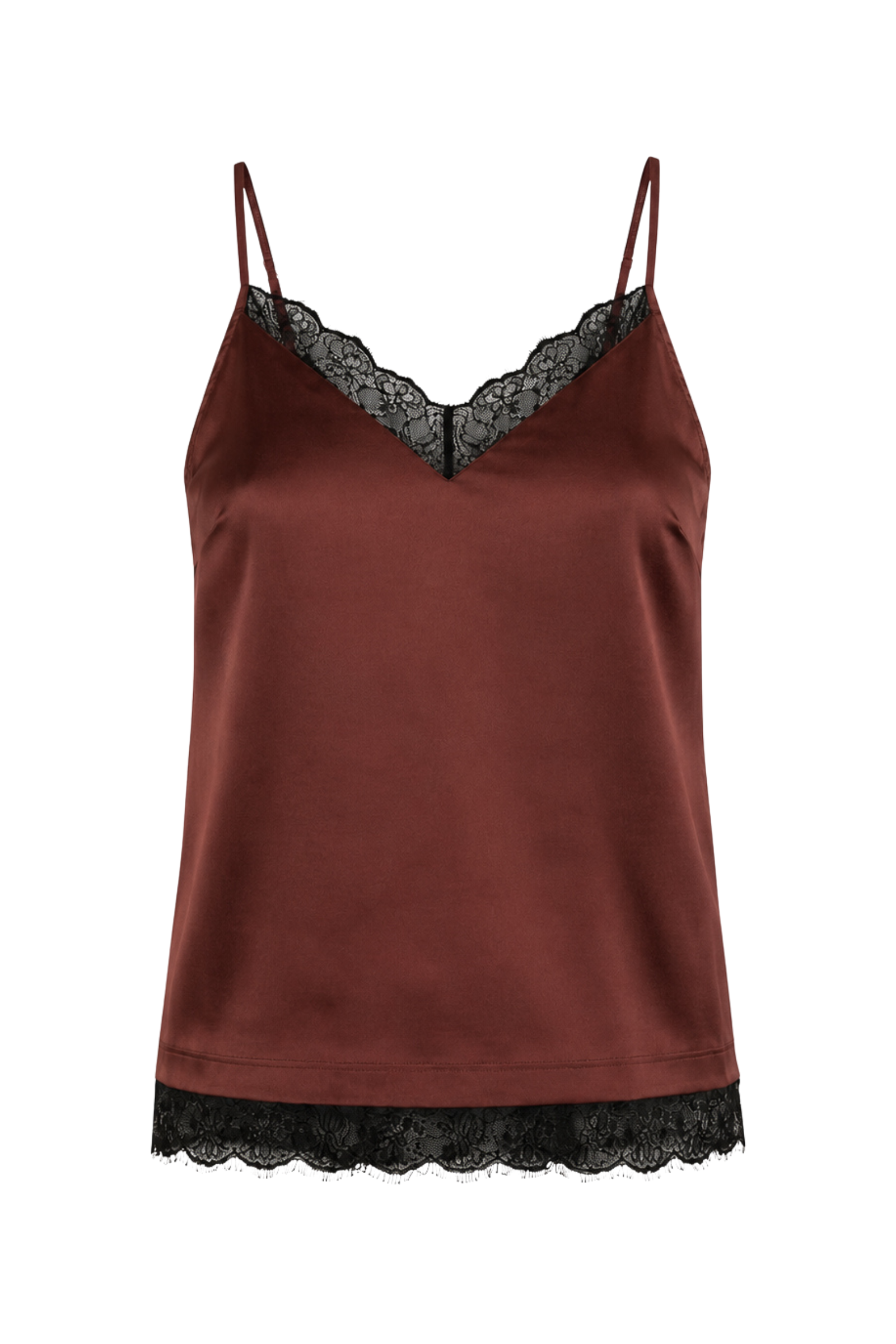 Ghost image of the Nightbird Rust Satin Cami Top showing lace trim neckline and hem.