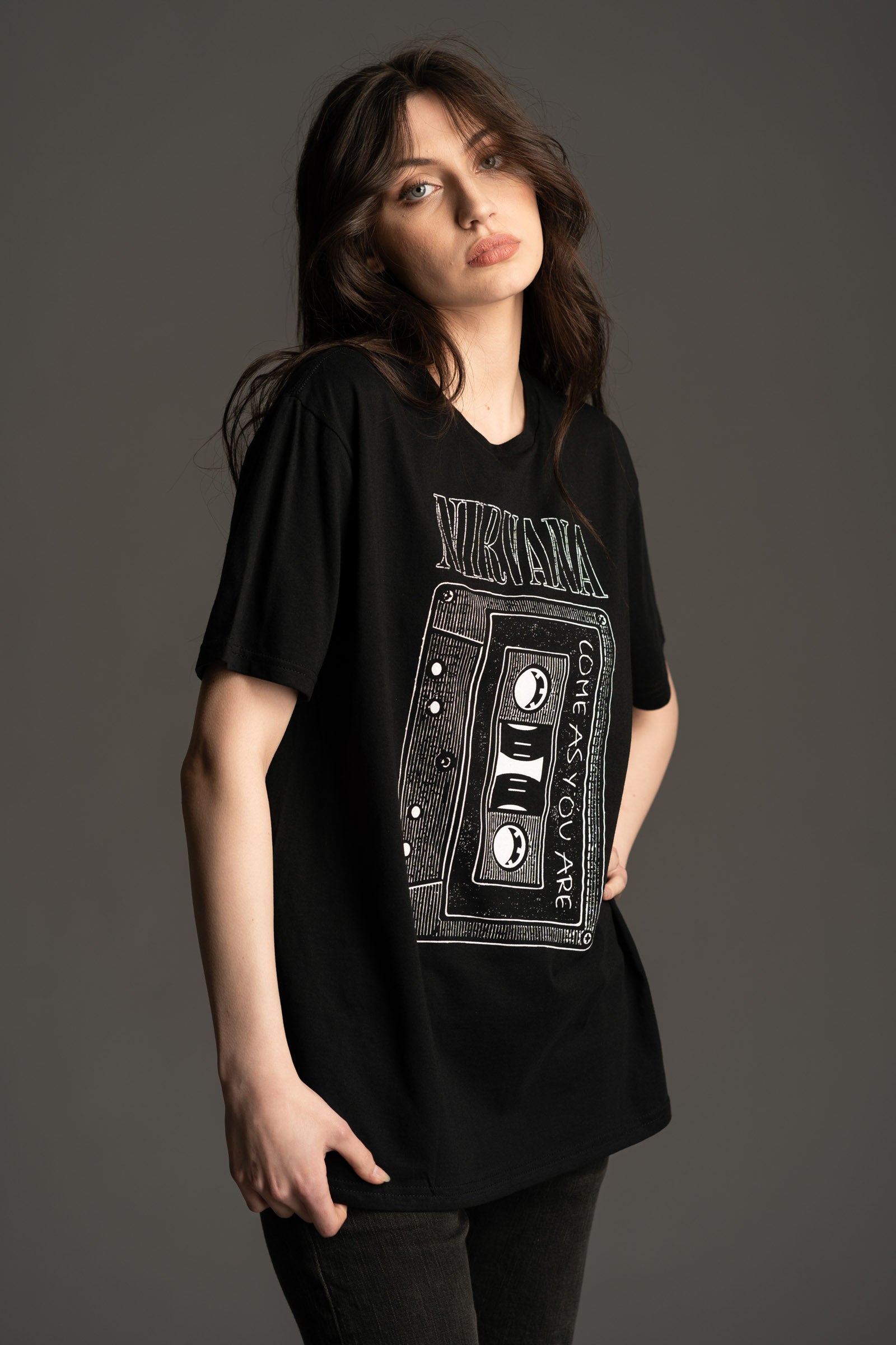 Nirvana Come As You Are Band Tee front model view on black base from Little Lies