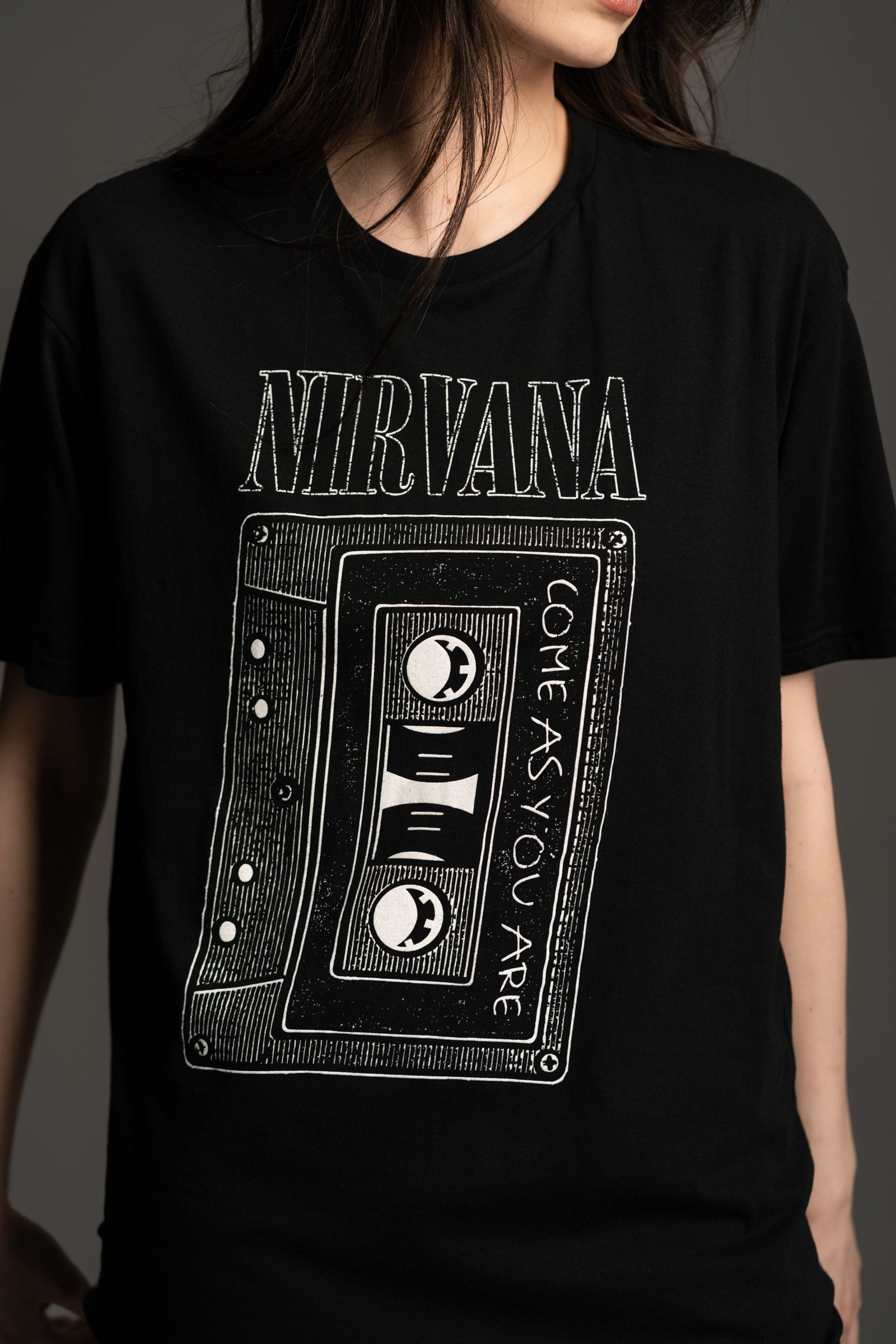 Close-up of Come As You Are graphic on black Nirvana band tee from Little Lies