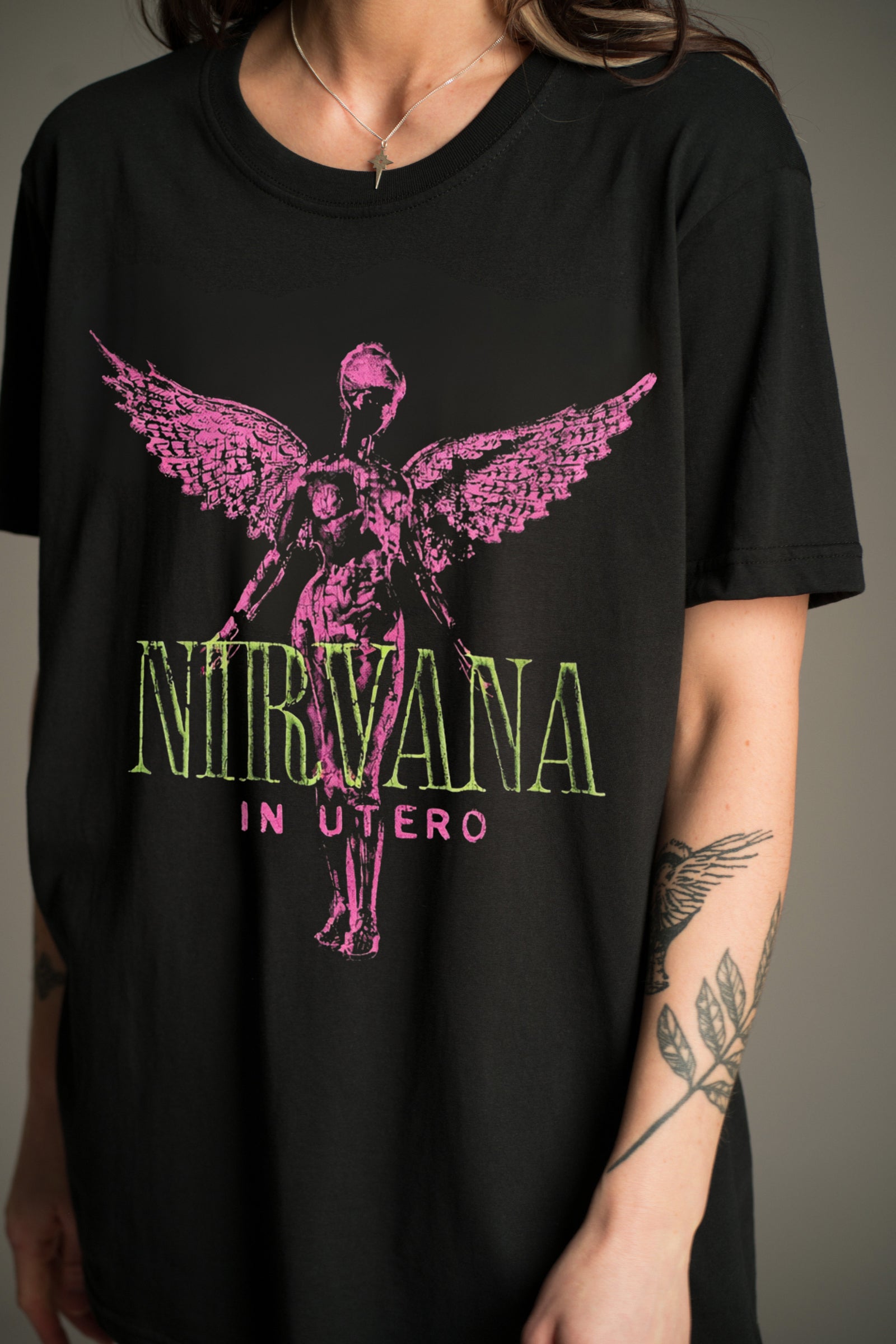 Nirvana In Utero pink graphic band tee worn on model