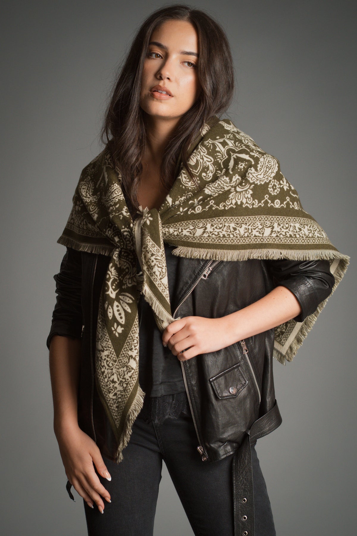 Olive Knitted Paisley Bandana Scarf