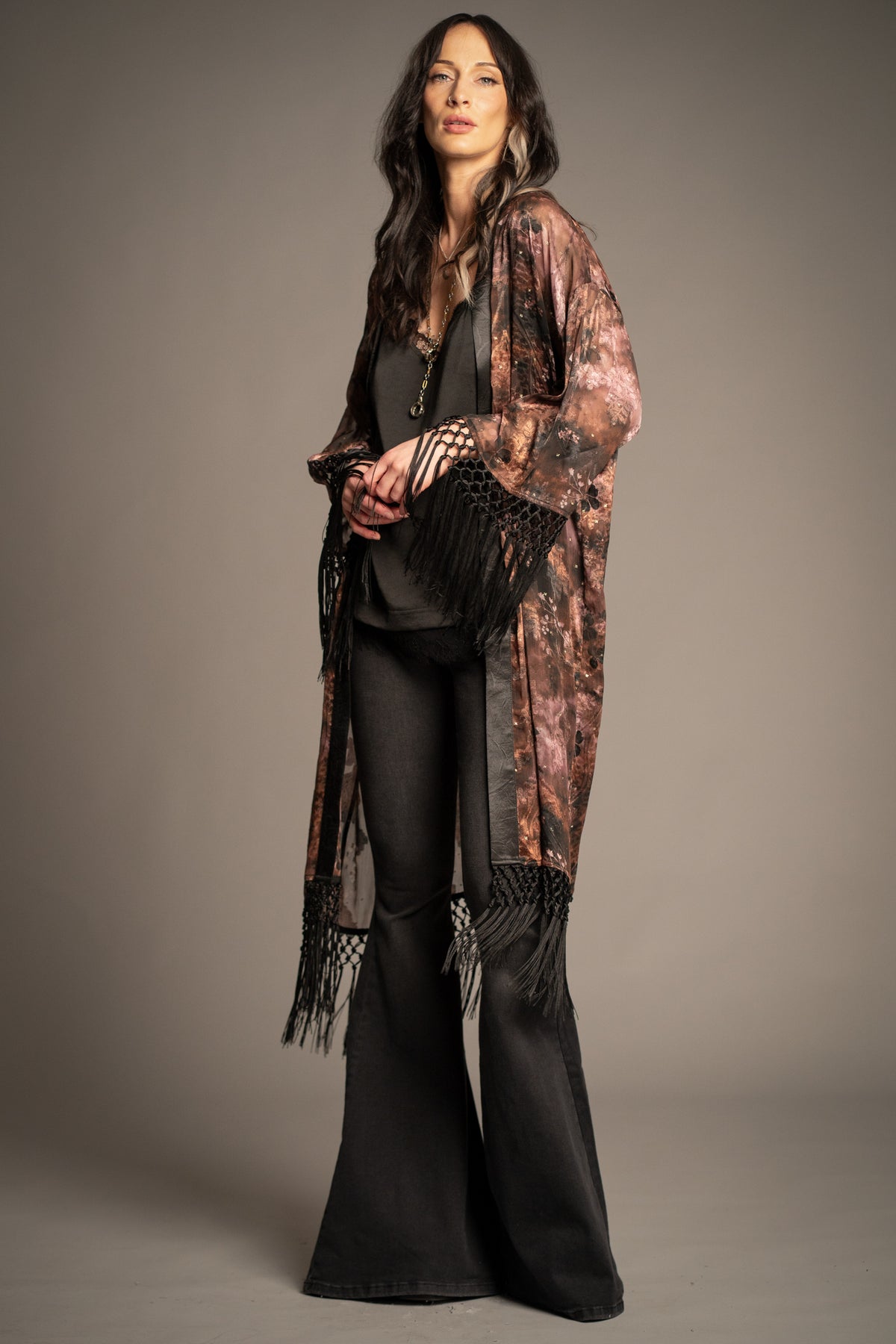 Practical Magic kimono with vintage floral print, open front design and black tassel fringe trim front view